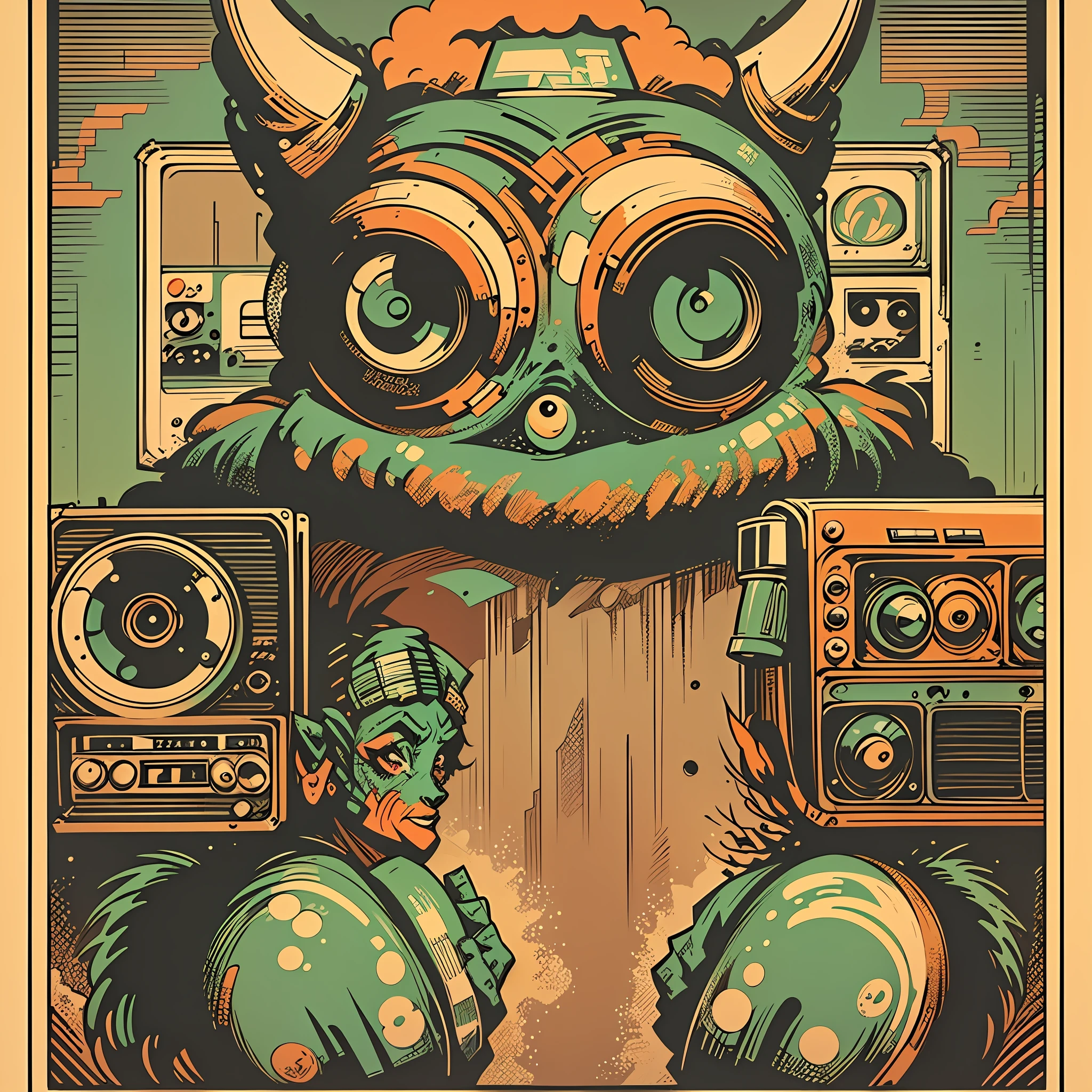 (((a monster creature)))),  holding, a boombox with a radio, boombox, ghetto blaster, big ghetto blaster, tape deck, lofi hip hop, audio equipments, cassette, retro technology, nostalgic vibes, 1 9 6 0 s tech, radios, vintage, the 6 0 s, propaganda Poster, poster, Poster design, poster art style. 1970s, 1950s, 1960s, basic colour scheme, Very colourful poster, colour art, thirds rule, inspiring, 1970, lofi hip hop, high quality artwork, artwork, poster art style, promotional artwork, hiphop, 1 9 th, print, high quality wallpaper, poster artwork, style of shepherd fairey, in a retro or vintage style, reminiscent of classic advertisements or posters. Use warm and muted colors, capturing the nostalgic feel of vintage artwork This style should evoke a sense of nostalgia, illustration