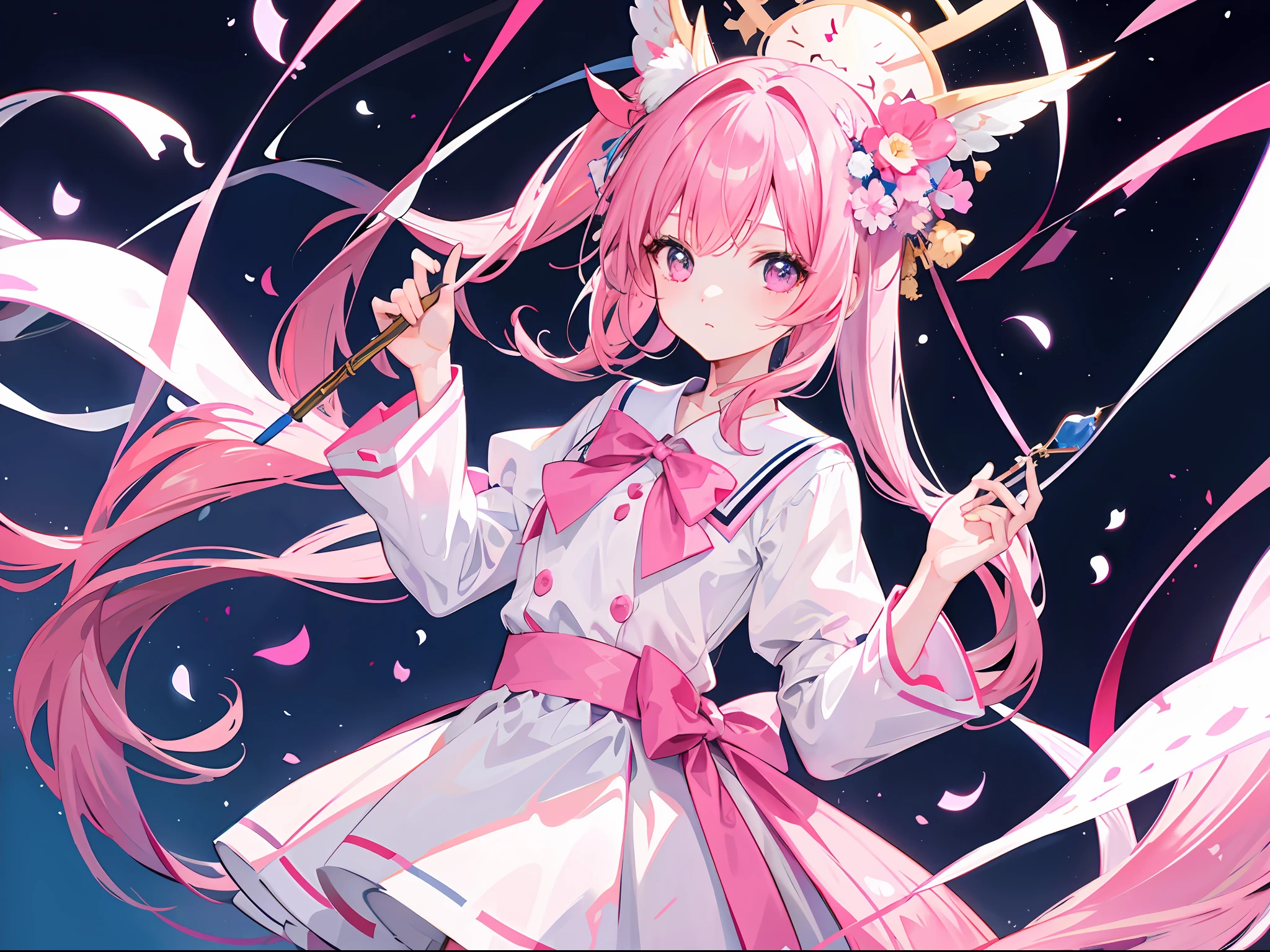 One girl、A pink-haired、Long、Wearing a ribbon on the head、cute little、Magic School Uniform、magic wands、magical background、Fashionable、top-quality、masterpiece、Top image quality、