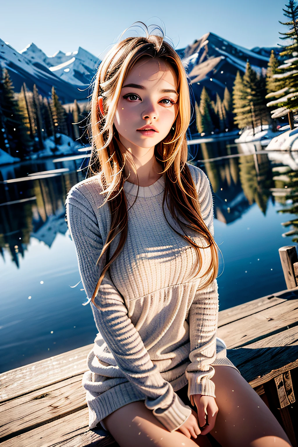 (masterpiece), (best quality:1.4), absurdres, [:intricate details:0.2], 1girl, tree, snow, solo, outdoors, water, mountain, large breasts, bikini, long hair, scenery, winter, lake, (looking at viewer:1.2), day, sky, reflection