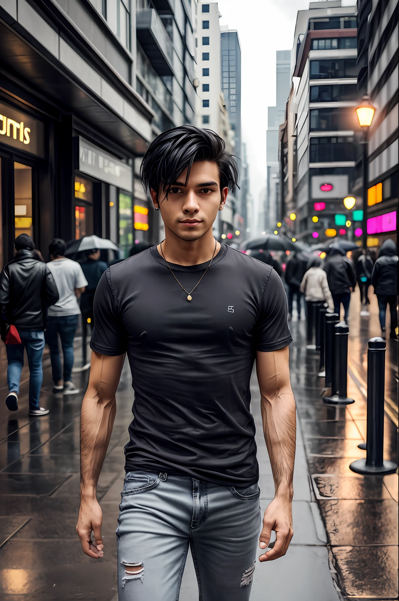 photo of a young man, basic plain tee-shirt, black round neck Tee-shirt, ear studs, tight gray jeans, short windswept light black hair, fit, beautiful, (effeminate), (shaved), eyeliner, standing on the walkway, background is a crowded street, bokeh, rain, humid, overcast, artificial lights, detailed face and eyes, higly detailed skin, 8k uhd, sharp focus, professional, best quality