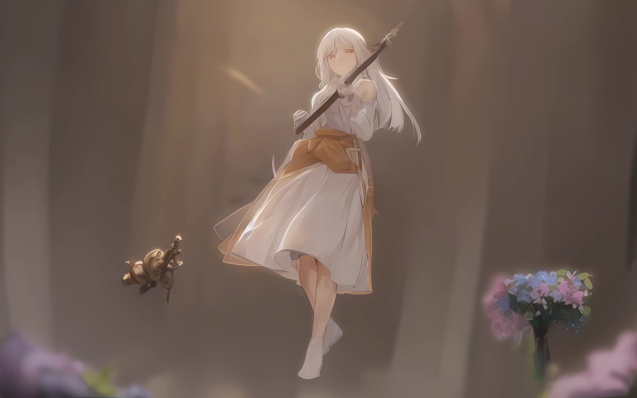 long white hair,magestic,Hold the staff in your hand,style of anime,flor branca,Among the flowers,summer day,Blurred foreground,1girll,Suspended in the air,Stained glass-like wings