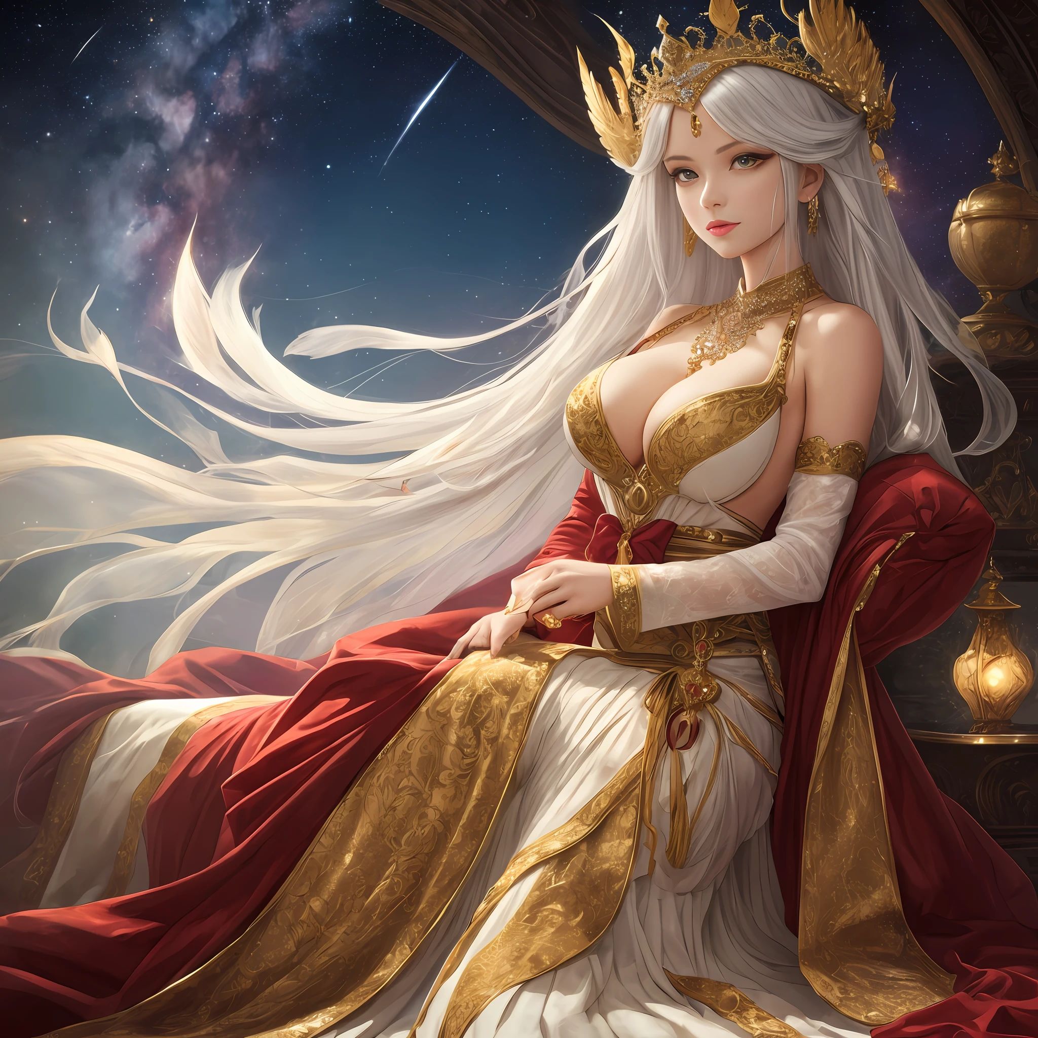 Extremely refined and luxurious,8K illustration,An astonishing masterpiece,best qualtiy,offcial art,ultra - detailed,high definition resolution,exquisitedetails,full-body portraits,Palatial presence,a queen,A princess,sorceress woman,Heterochromic heart-shaped pupils,very big boobs,exposed bare shoulders,Long, Flowing hair,(((Silvery hair))),Gaze down,Silk robes,jewel embellishment,magic aura,celestial aura,Starry Sky Magic,Detached sleeves,nipple tassels,(((updo))),((whitekneesocks)),(Thigh tie),White forearm sleeves,Witch clothes,Miko costume,(((Gold-tone open-toe heels))),Elegant lace-trimmed detailing,Princess Crown,Precious jewelry,Golden lac,(((Bulge under the garment))), --auto
