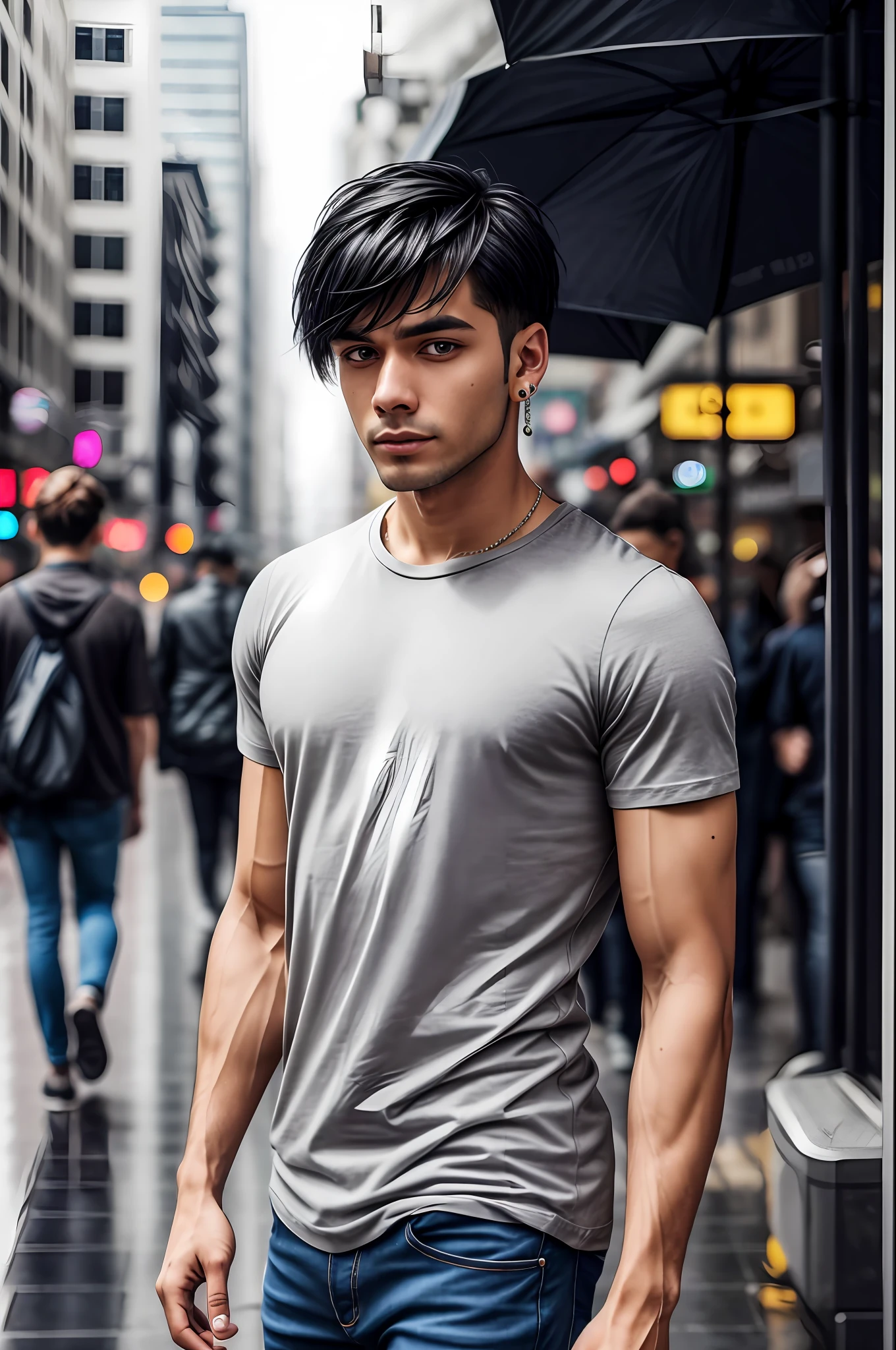 photo of a young man, basic plain tee-shirt, black round neck Tee-shirt, ear studs, tight gray jeans, short windswept light black hair, fit, beautiful, (effeminate), (shaved), eyeliner, standing on the walkway, background is a crowded street, bokeh, rain, humid, overcast, artificial lights, detailed face and eyes, higly detailed skin, 8k uhd, sharp focus, professional, best quality