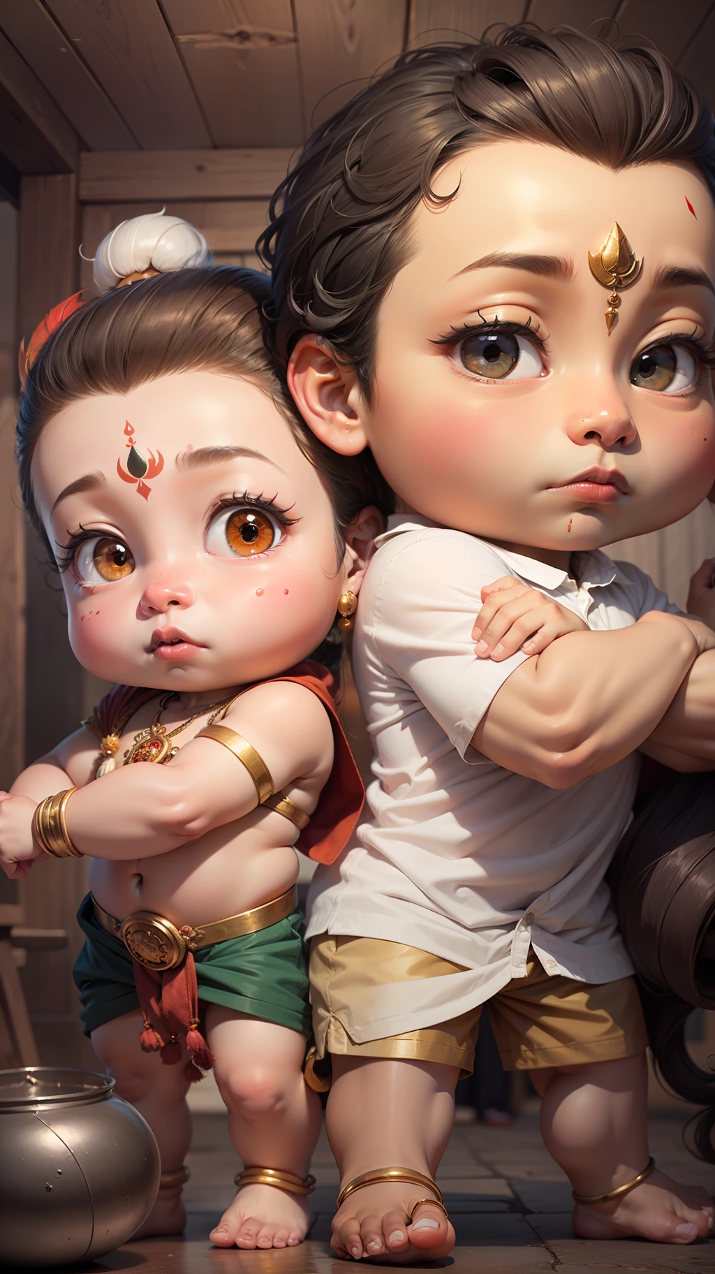 Lord hanuman with red cheeks, standing with a kid wearing half pants and white shirt and red cheeks, Clear face