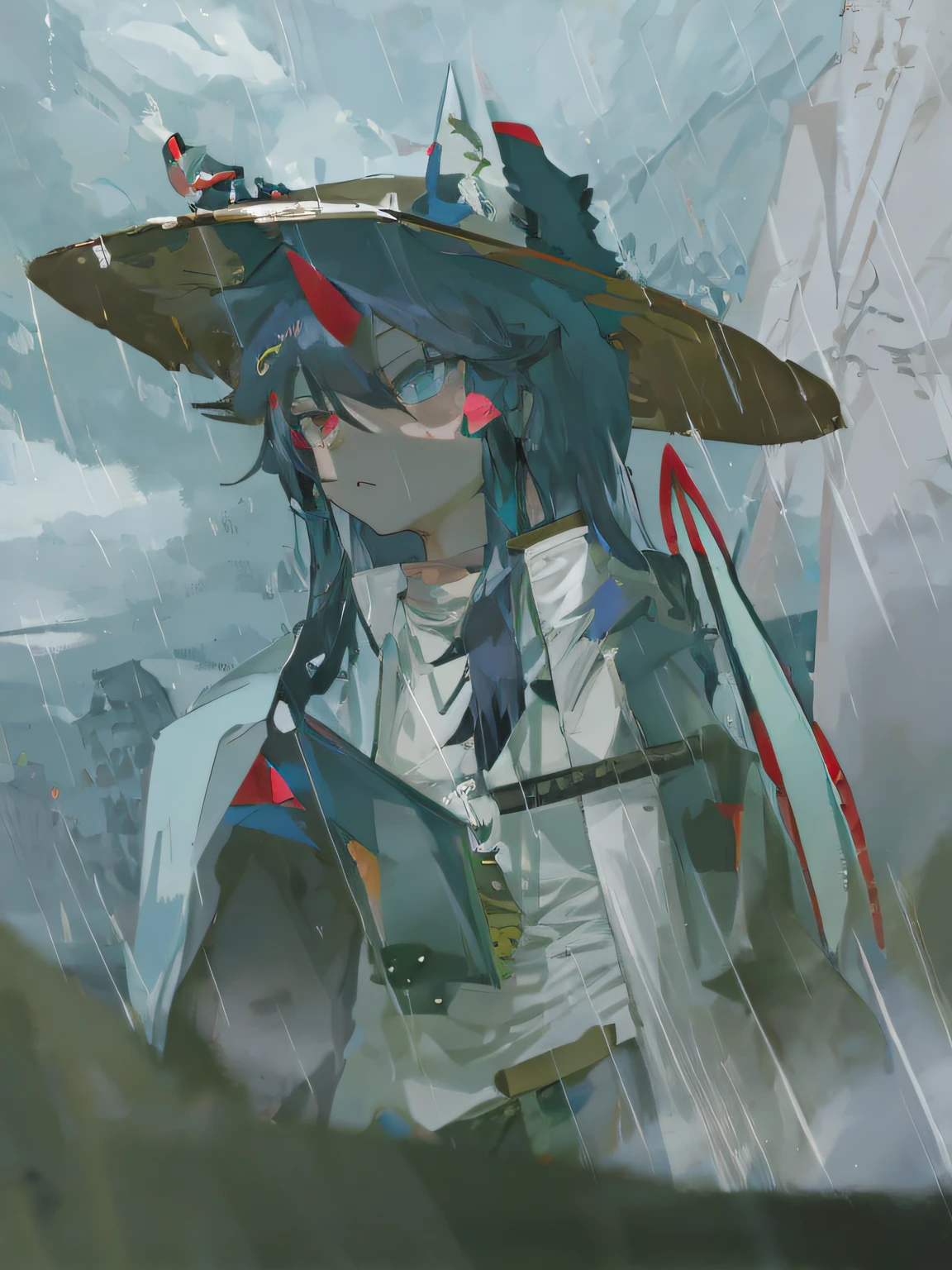 Shotai orc wearing a hat and sword in the rain, 2D art, 2 d art, Detailed fanart, zerochan art, full resolution, author:New Art, 2 d anime style, author:Shitao, Kantai collection style, zerochan, rain. ultra - detailed, demon slayer rui fanart, during a storm, As a warrior, rain!!!!