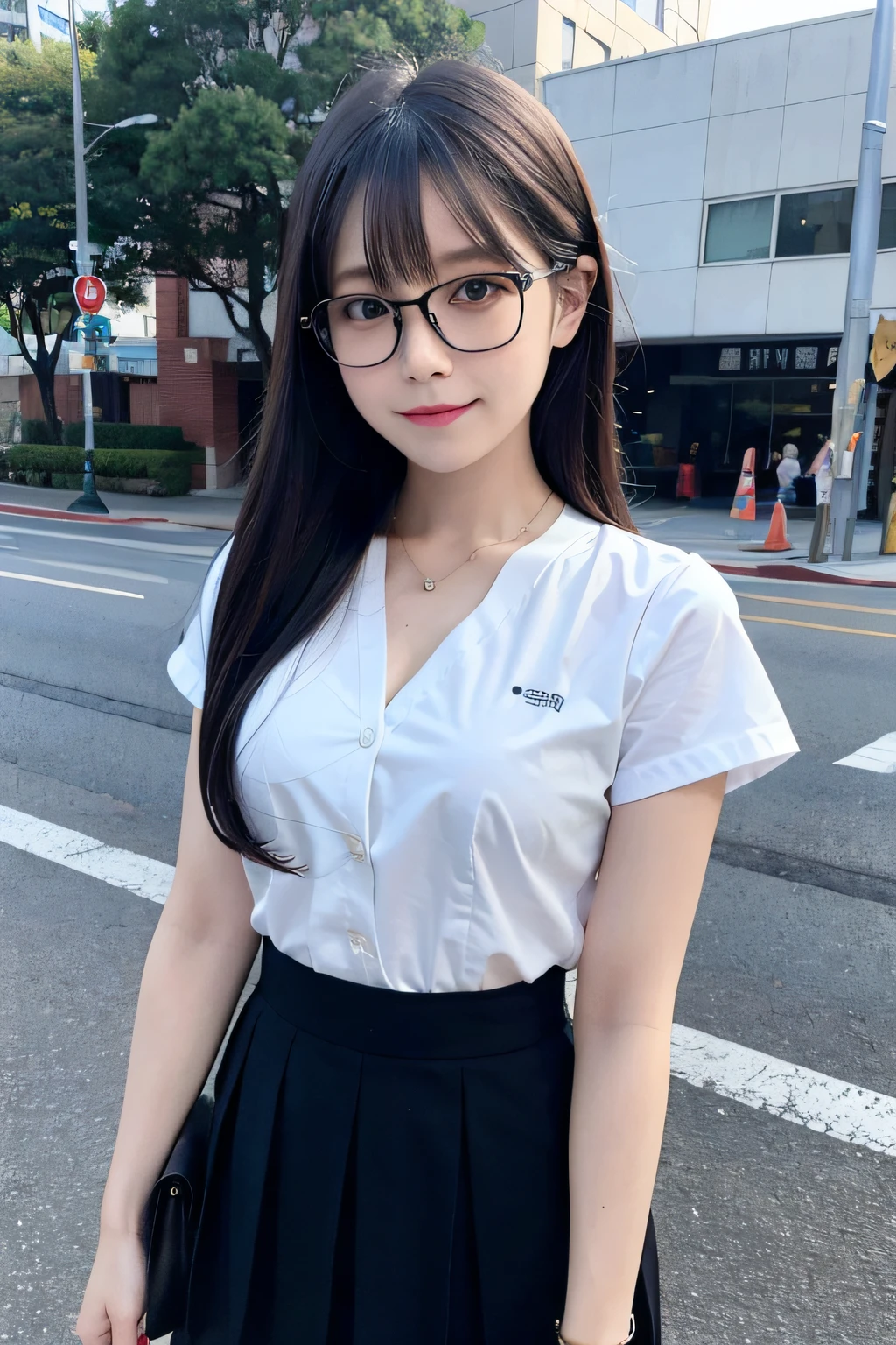 (((Medium Hair))), top-quality, 8K, nffsw, Hi-Res, absurderes:1.2, a picture, (Raw photography:1.2), (Photorealsitic:1.4), (​masterpiece:1.3), (intricate detailes:1.2), 1girl in, 独奏, a japanese girl, Delicate and beautiful details, (A detailed eye), (detailed facial features), 小柄, (((tiny chest))), tonned skin, (up looking_で_viewer), from a_front, (skiny), (top-quality:1.4), (超A high resolution:1.2), cinematric light, (Extreme detailed illustration), (lipgloss、top-quality、超A high resolution、depth of fields、Caustics、Broadlighting、Natural Shading、85 mm、F / 1.4、ISO 200、1 / 160 seconds:0.75)、1girl in、独奏、Casual wear、A smile、校服、a necklace、、student clothes、乃木坂アイドル、hposing Gravure Idol、Beautie、In the street、Office Lady、(s Office)、The shirt、(lana)、(Office)、Work clothes、Glasses、nurse