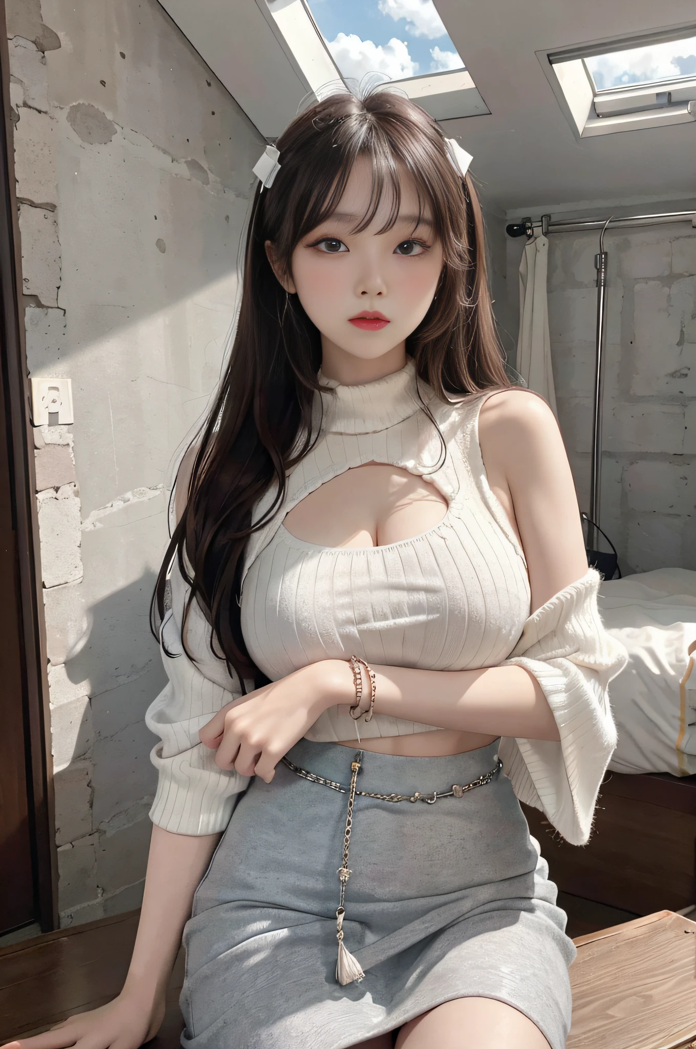 Top image quality、Raw photography、超A high resolution、-yeld Kon、big round chest、Sleeveless、Formal Knitwear、knit、Formal Office Skirt、Black skirt、fair white skin、shiny white skin、elongated eyes、Beautiful eyes with random colors、beautiful eyes finely detailed、pale pink blush、long eyeslashes、beautiful double eyelid、eyeshadows、Glowing brown hair、A bracelet、Stand in front of a gray wall、Gateway to large enterprises、Untrimmed clothes