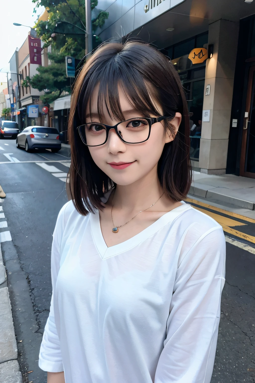 (((Medium Hair))), top-quality, 8K, nffsw, Hi-Res, absurderes:1.2, a picture, (Raw photography:1.2), (Photorealsitic:1.4), (masterpiece:1.3), (intricate detailes:1.2), 1girl in, 独奏, a japanese girl, Delicate and beautiful details, (A detailed eye), (detailed facial features), 小柄, (((tiny chest))), tonned skin, (up looking_で_viewer), from a_front, (skiny), (top-quality:1.4), (超A high resolution:1.2), cinematric light, (Extreme detailed illustration), (lipgloss、top-quality、超A high resolution、depth of fields、Caustics、Broadlighting、Natural Shading、85 mm、F / 1.4、ISO 200、1 / 160 seconds:0.75)、1girl in、独奏、Casual wear、A smile、校服、a necklace、、student clothes、乃木坂アイドル、hposing Gravure Idol、Beautie、In the street、Office Lady、(s Office)、The shirt、(lana)、(Office)、Work clothes、Glasses、nurse