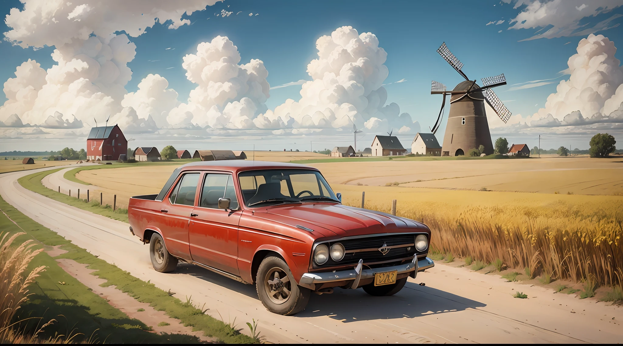 old red car, dirt road, wheat field, old windmill, sunny clouds