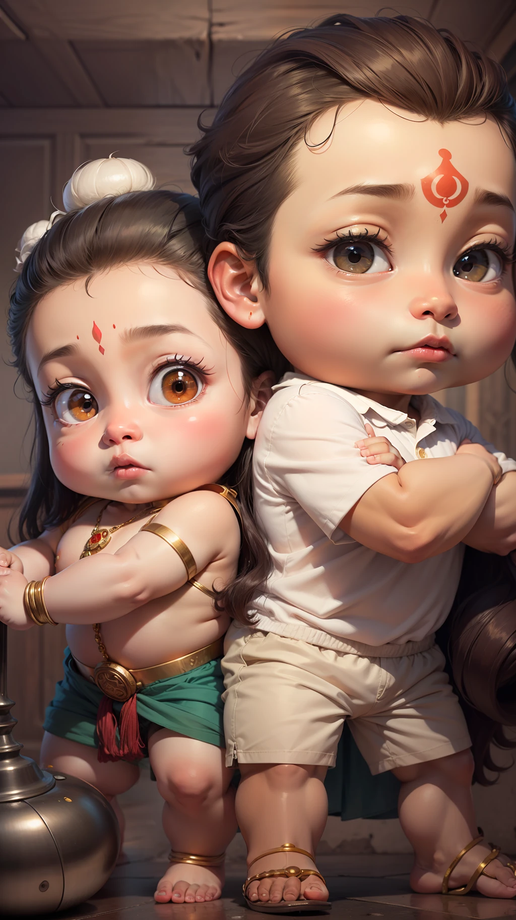Lord hanuman with red cheeks, standing with a kid wearing half pants and white shirt and red cheeks, Clear face, not a baby face.