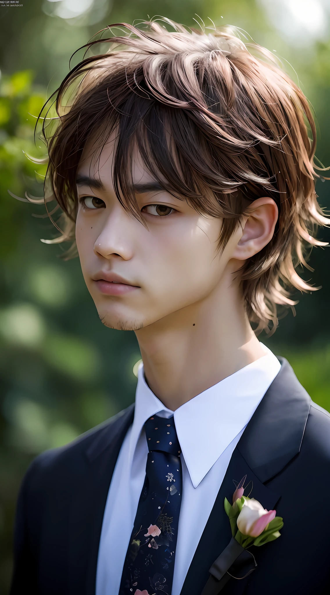 wearing a suits、À la Fed man in tie with flowers on collar, beautiful androgynous prince, portrait of a japanese teen, kousuke oono, handsome japanese demon boy, delicate androgynous prince, With short hair, japanese live action movie, portrait of kpop idol, portrait a 1 5 - year - old boy, by Tadashi Nakayama