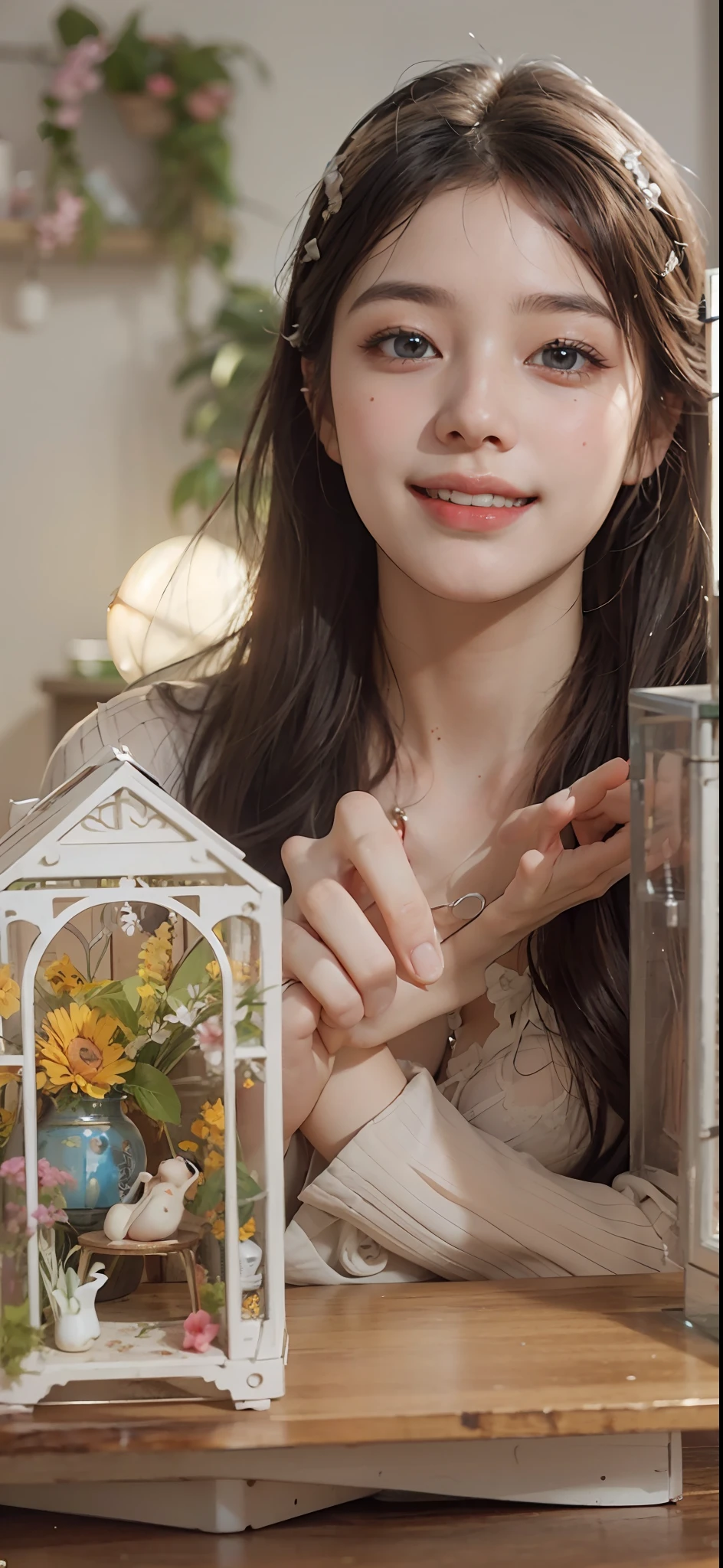 arafed woman holding a miniature house with a birdcage and a bird, doll house, korean audrey hepburn automata, inspired by Kim Jeong-hui, the most beautiful scene, youtube video screenshot, the woman holds more toys, miniature, inspired by Sim Sa-jeong, bae suzy, with lots of details, dilraba dilmurat, masterpiece, superdeformed, (((full body:1.3))), ultra high res, RAW photo, masterpiece, ultra detailed, 8k, full detailed hair, highres, best quality, ultra high res, ultra detailed face and eyes, (((photorealistic:1.4))), looking at viewer, (((smiling:1.3))), cute, (((large breast:1.5))), (((ray tracing:1.4))), ((((long legs:1.4)))), Best quality , masterpiece, large hip, Fully facial detailed, beautiful, ((very detailed of hair )) , (((:1.2))), thin lips, big eyes, highres, seducing, blue eyes , slim waist, 8k:1.2, 16k:1.2, highres,
karol bak uhd, inspired by hajime sorayama,