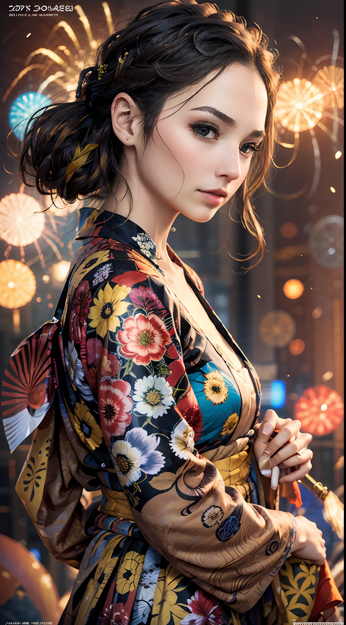 (Top resolution、top-quality、​masterpiece、Hi-Res)、1girll、Kimono、Fireworks Festival
