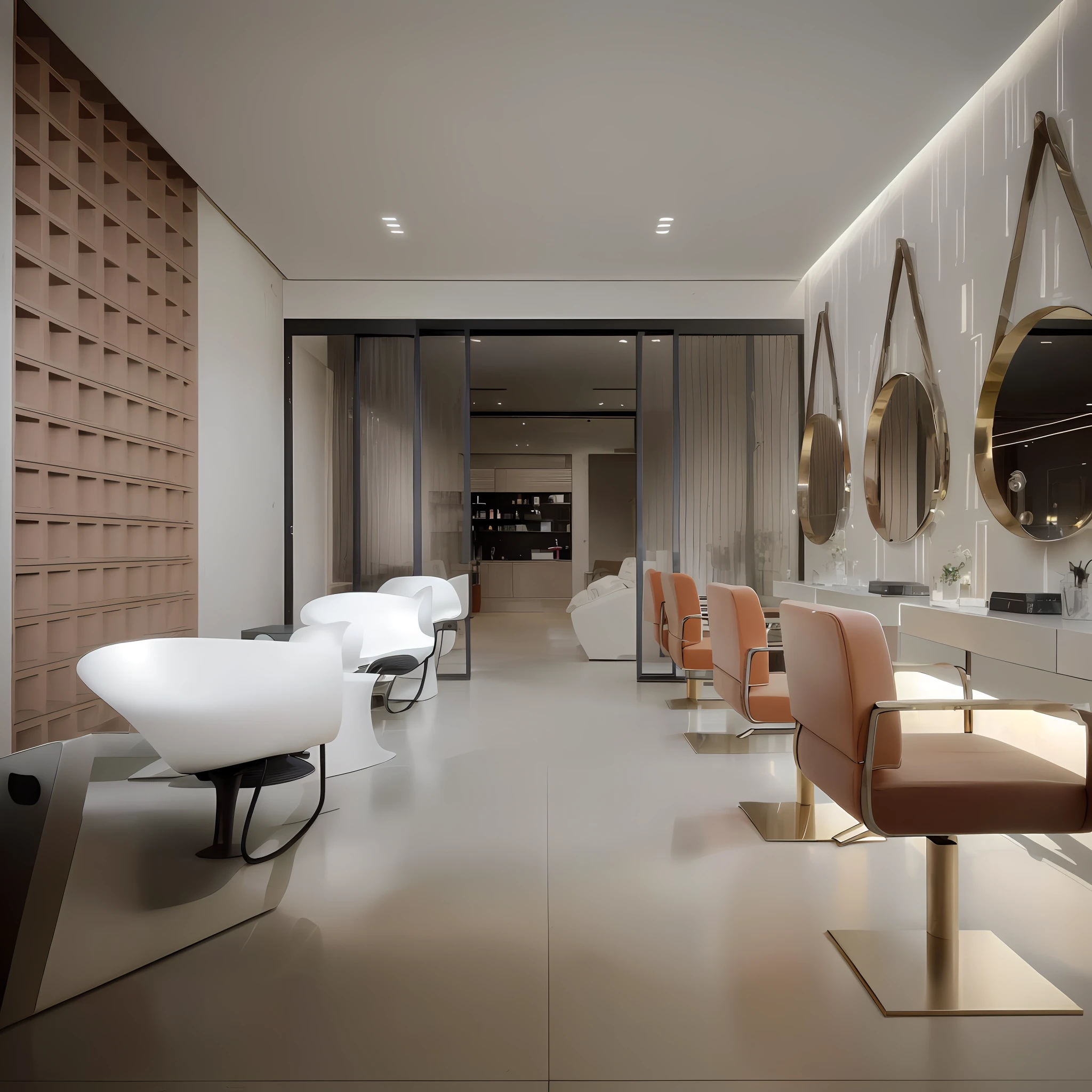 there are many chairs in a room with mirrors on the wall, inspired by Emilio Grau Sala, rendered in enscape, by David Ruby, by Kurt Roesch, in style of kyrill kotashev, by Joseph Pisani, by Anita Malfatti, crisp smooth clean lines, sleek flowing shapes, by Emma Andijewska, archviz