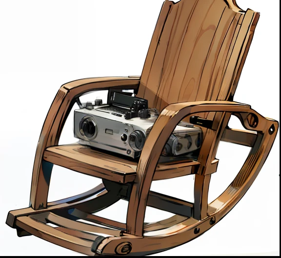 Anime style with black line drawing,A wooden rocking chair sits an old-fashioned tape recorder on it