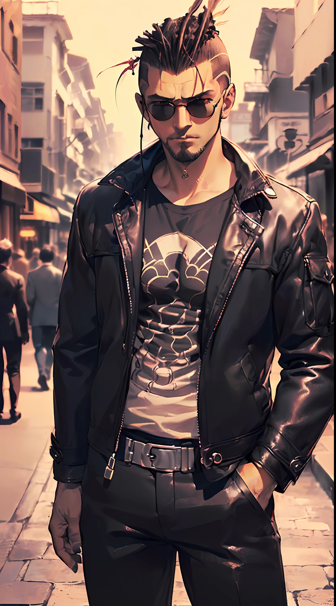 「(8k wallpaper:1.5)、(high-level image quality:1.3)、(animesque, illustratio:1.6)、(male people、独奏、Middle Age:1.4)、(macho、Sunglasses:1.5)、(Mohican:1.7)、(Long Black Jacket、Rider Suit:1.5)、(midnight:1.8)、(In the street:1.3)、(sepia, gradients:1.5)」