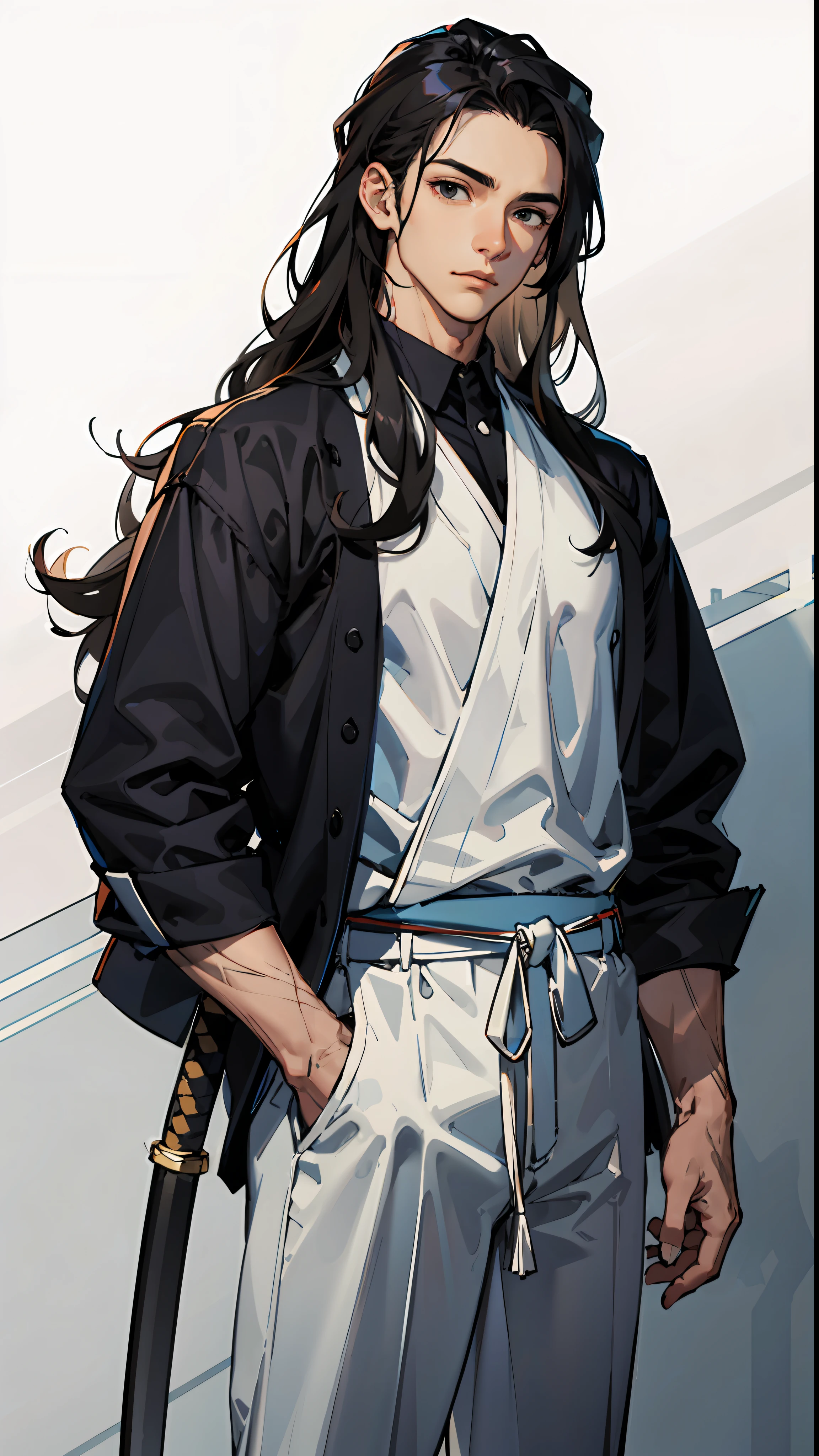 masterpiece, best quality, 1 male, teen, muscular, handsome, finely detailed eyes, intricate details, highly detailed katana, long wavy hair, black hair, black eyes, highly detailed dojo