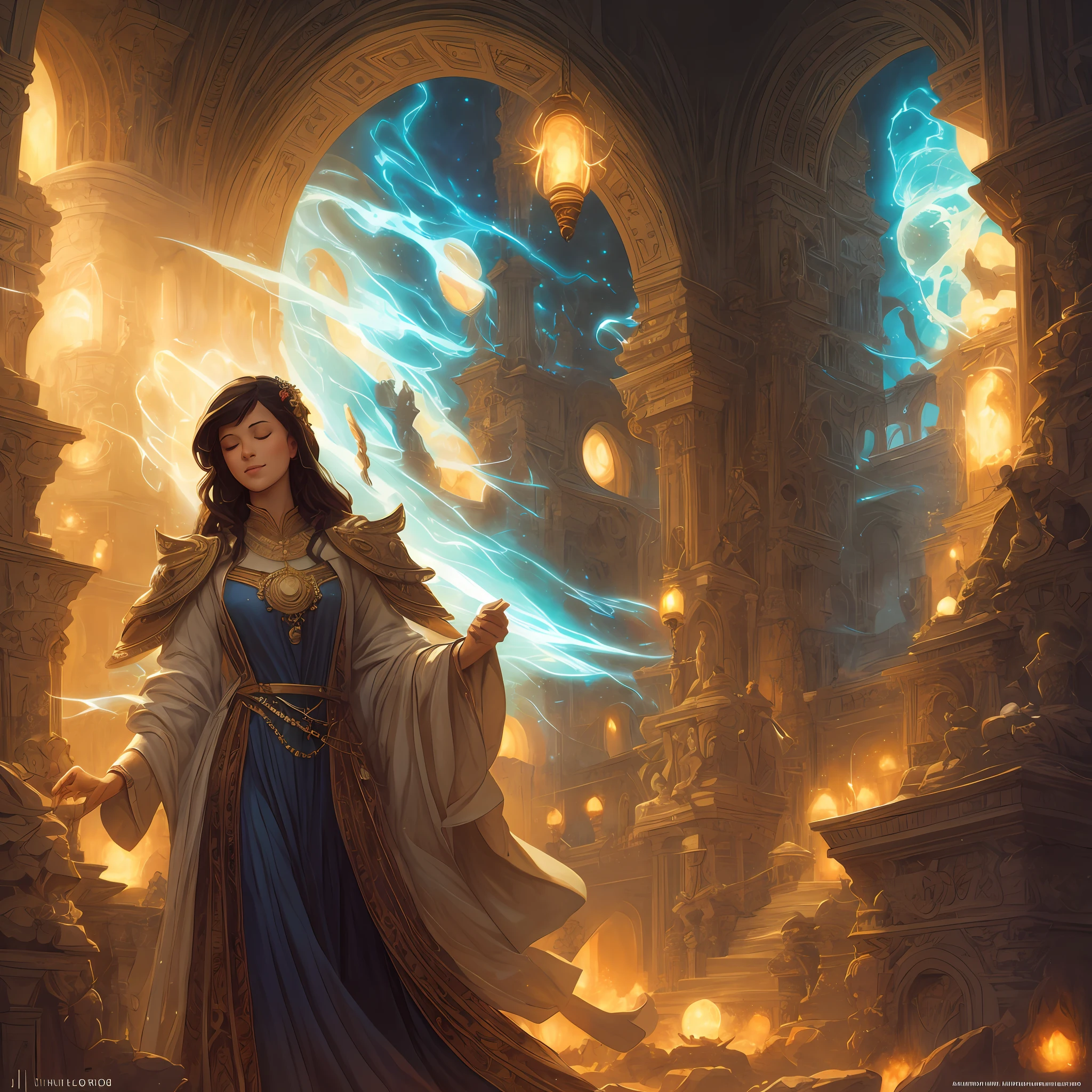 A beautiful Latin woman, full body, looking at the audience, symmetrical, eyes closed, smiling slightly, spiritual awakening, intricate details, cosmos, ethereal, mysterious, complex environments, brushstrokes, lights, Greg Rutkowski, RHADS, Beeple, Makoto Shinkai, Lois van Baarle, Ilya Kuvshinov, Rossdraws, Tom Bagshaw, Alfonse Mucha , masterpiece, super high resolution, high quality, --auto