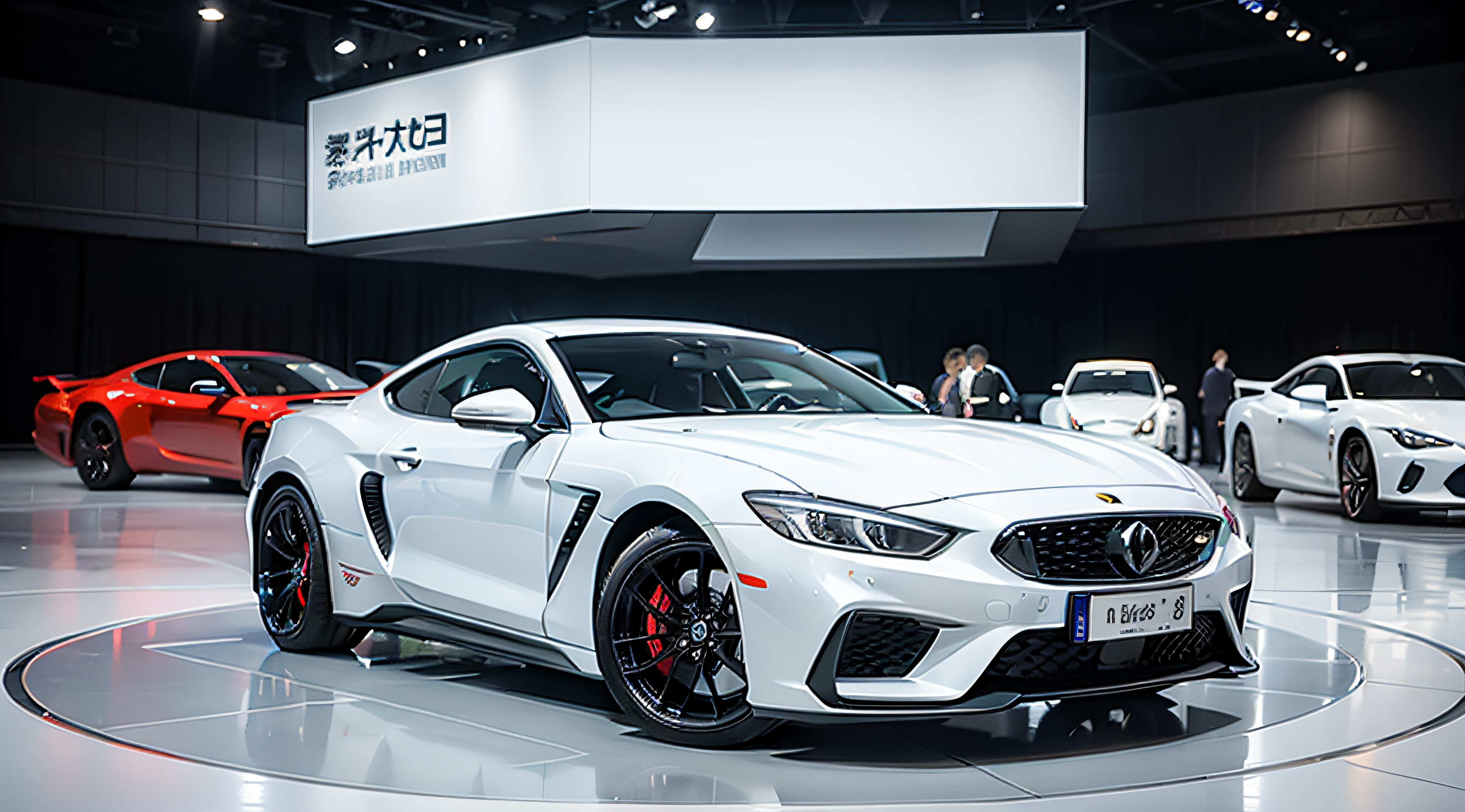 Near-future space、Car Exhibition Hall、photoRealstic、8K、high-detail、moderno、white walls、White floor、with light glowing、Cars are evenly spaced、Large space
