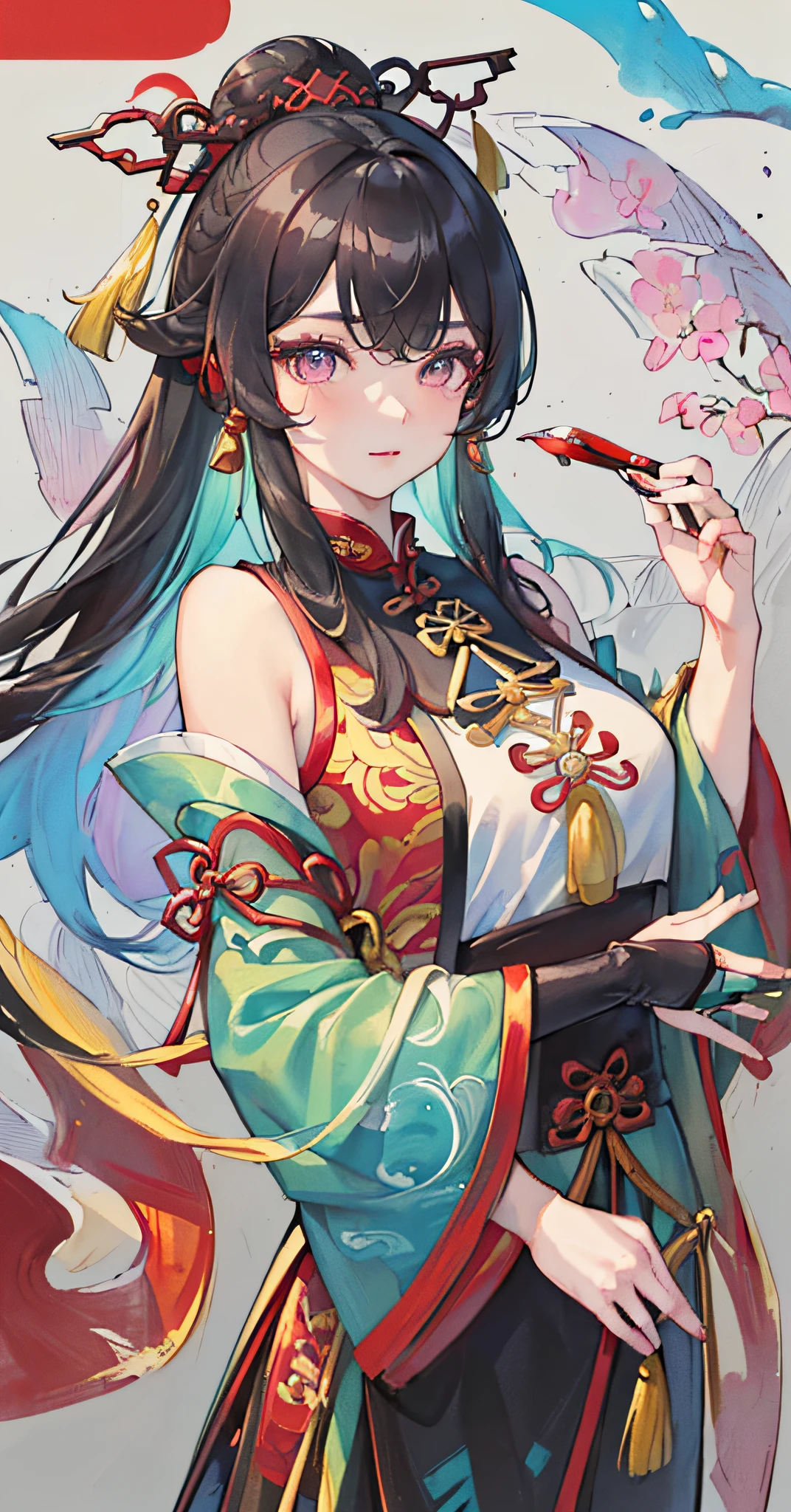 Colorful painting, ((chinese colorful ink)), (((Chinese color ink painting style))), (((Masterpiece))),(((best qualtiy))),((Ultra-detailed, very precise detail)), (((1girll,Solo,Yue Zhengling, Delicate beautiful face))),(Floating),(illustration),(Amazing),(Absurd),((Sharp focus)), ((Extremely detailed)), ((High saturation)), (surrounded by color ink splashes),((Extremely detailed body)),((Colorful))