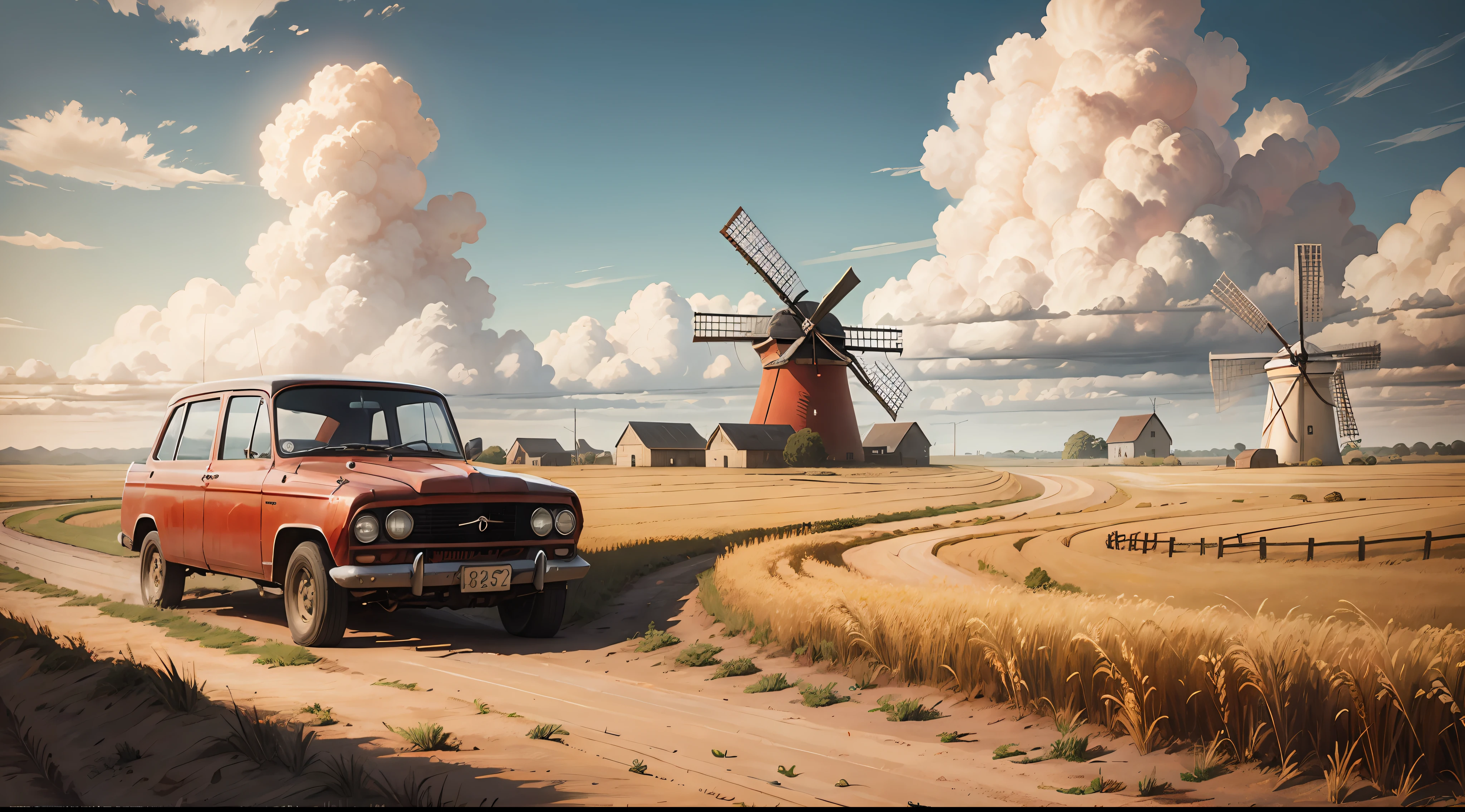 old red car, dirt road, wheat field, old windmill, sunny clouds