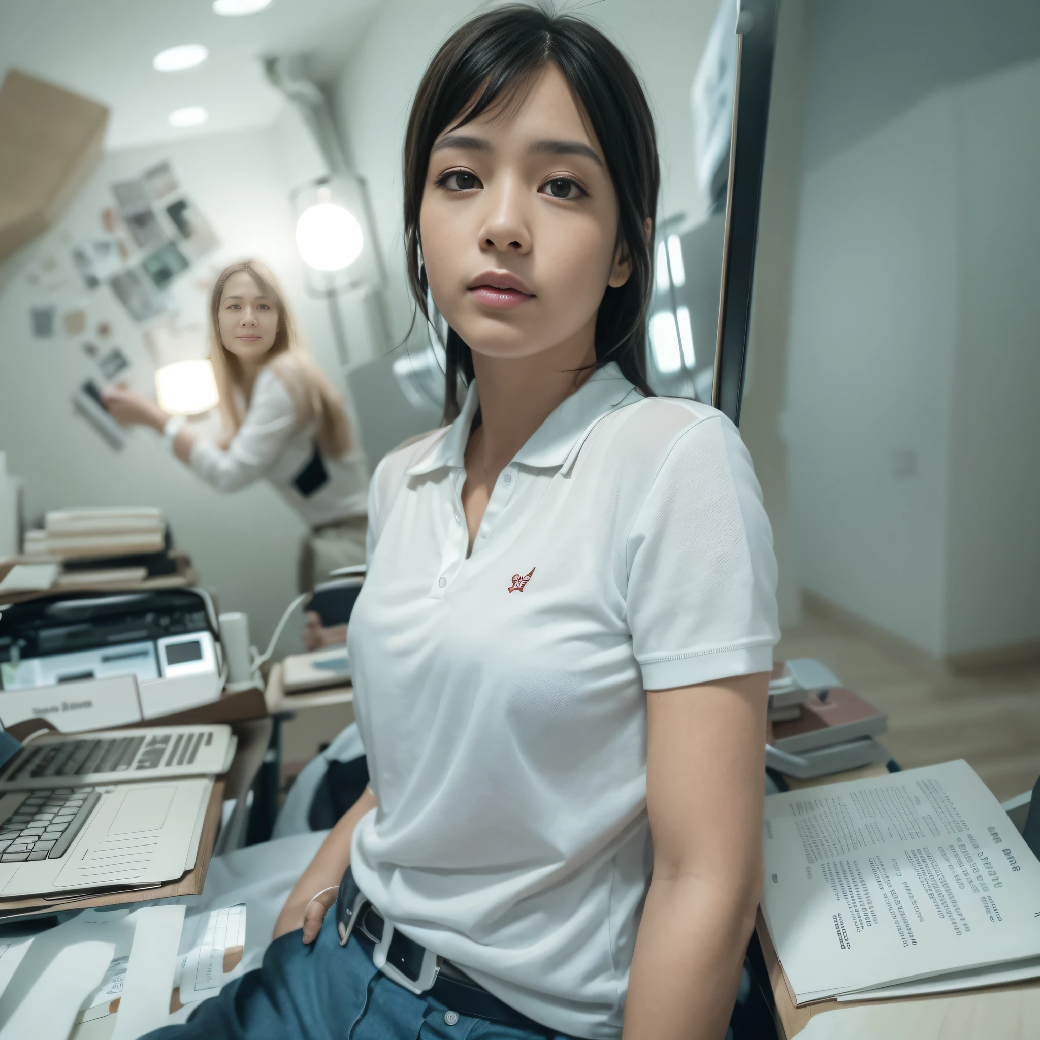 there is a woman sitting at a desk with a computer, taken with sony alpha 9, captured on canon eos r 6, wearing polo shirt, taken with canon eos 5 d mark iv, taken with canon 8 0 d, wearing white shirt, taken with canon eos 5 d, wearing in shirt, taken with sony a7r camera, shot on nikon z9