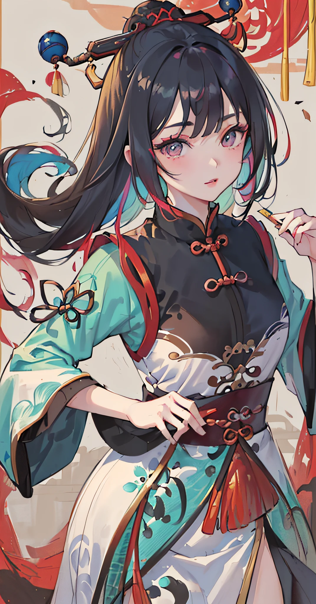 Colorful painting, ((chinese colorful ink)), (((Chinese color ink painting style))), (((Masterpiece))),(((best qualtiy))),((Ultra-detailed, very precise detail)), (((1girll,Solo,Yue Zhengling, Delicate beautiful face))),(Floating),(illustration),(Amazing),(Absurd),((Sharp focus)), ((Extremely detailed)), ((High saturation)), (surrounded by color ink splashes),((Extremely detailed body)),((Colorful))