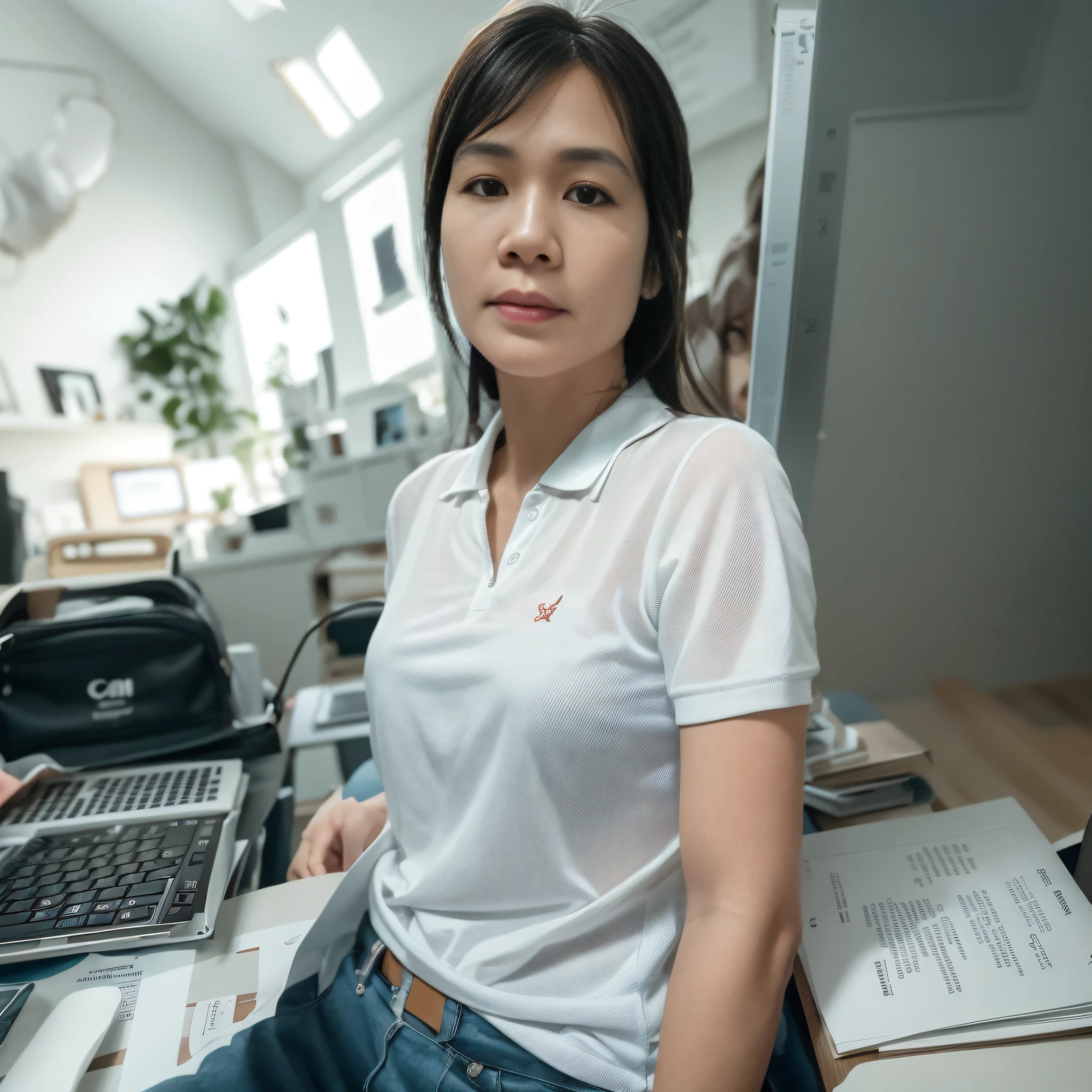 there is a woman sitting at a desk with a computer, taken with sony alpha 9, captured on canon eos r 6, wearing polo shirt, taken with canon eos 5 d mark iv, taken with canon 8 0 d, wearing white shirt, taken with canon eos 5 d, wearing in shirt, taken with sony a7r camera, shot on nikon z9