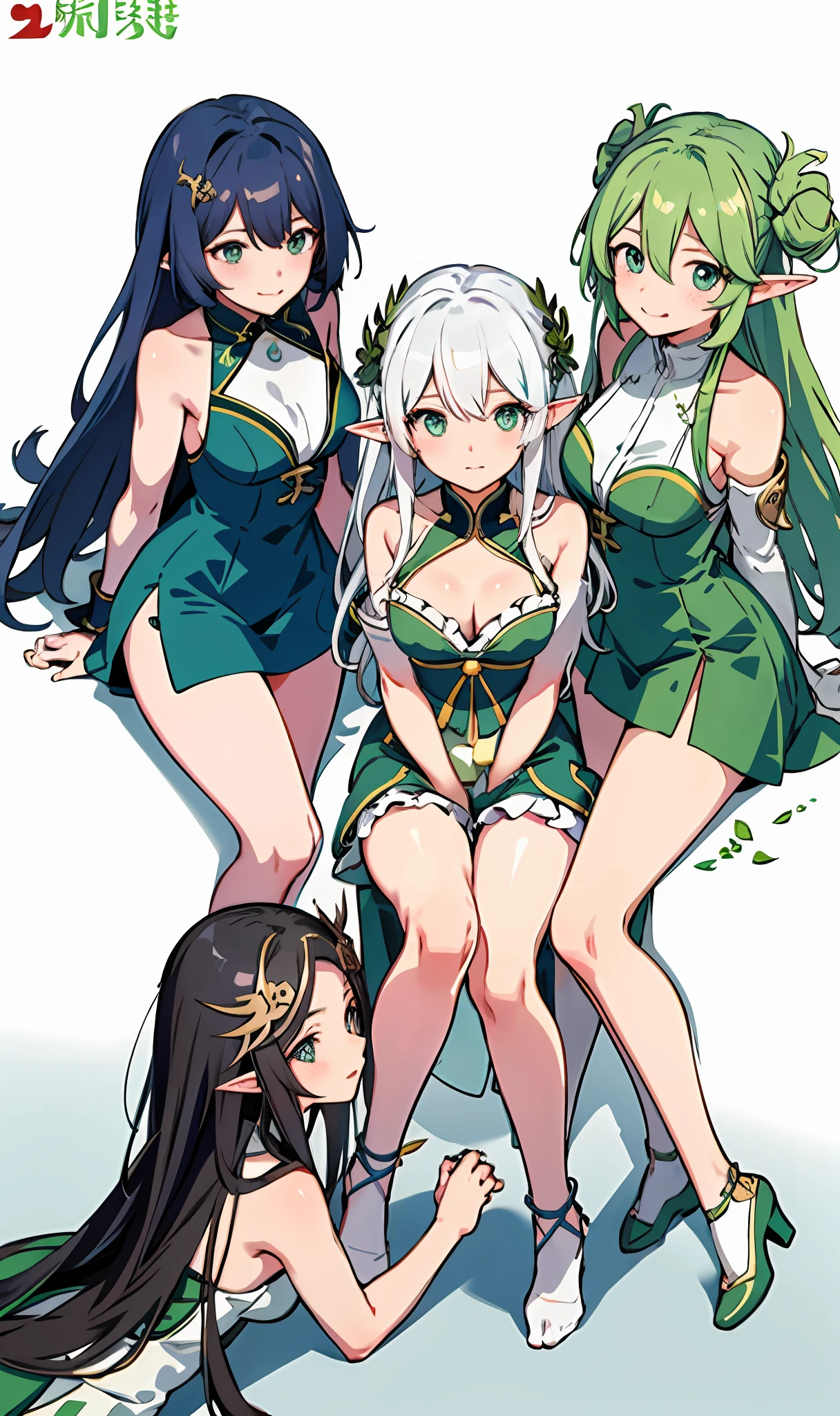 Anime girl with white hair and green dress sitting on floor, trending on artstation pixiv, Anime goddess, at pixiv, cute anime waifu in a nice dress, Elf Loli Girl, Official anime artwork, Pisif, palutena, Seductive elf princess Lori， Guweiz in Pixiv ArtStation, offcial art, Elf Princess，Genshin Impact，the original god，Lori huge breasts cleavage，Small loli，Four Girls，harem，Holding urine