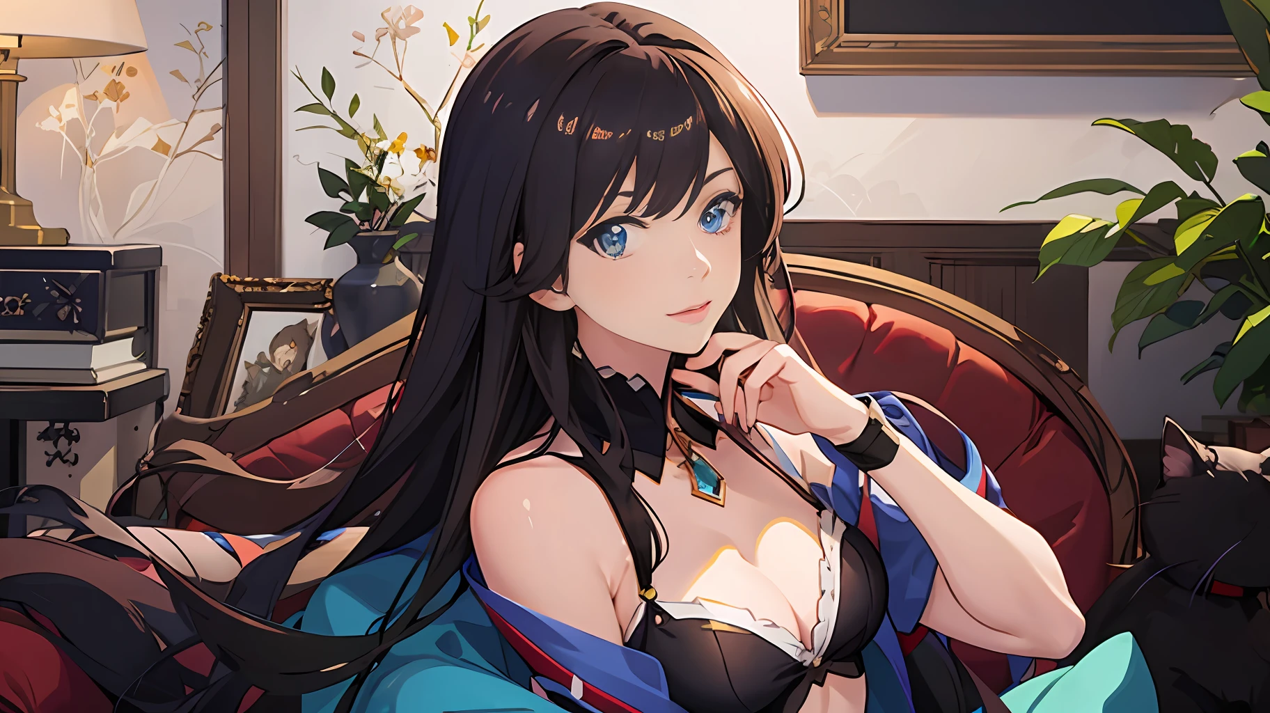 Anime girl with blue eyes sitting on sofa in room, There is a cat on the left，coloured background，Hands behind you，Chest，style of anime4 K, a beautiful anime portrait, anime moe art style, attractive anime girls, Beautiful anime girl, Smooth anime CG art, seductive anime girls, Kantai collection style, Beautiful anime woman, Portrait of an anime girl, realistic anime artstyle, Marin Kitagawa fanart, drawn in anime painter studio