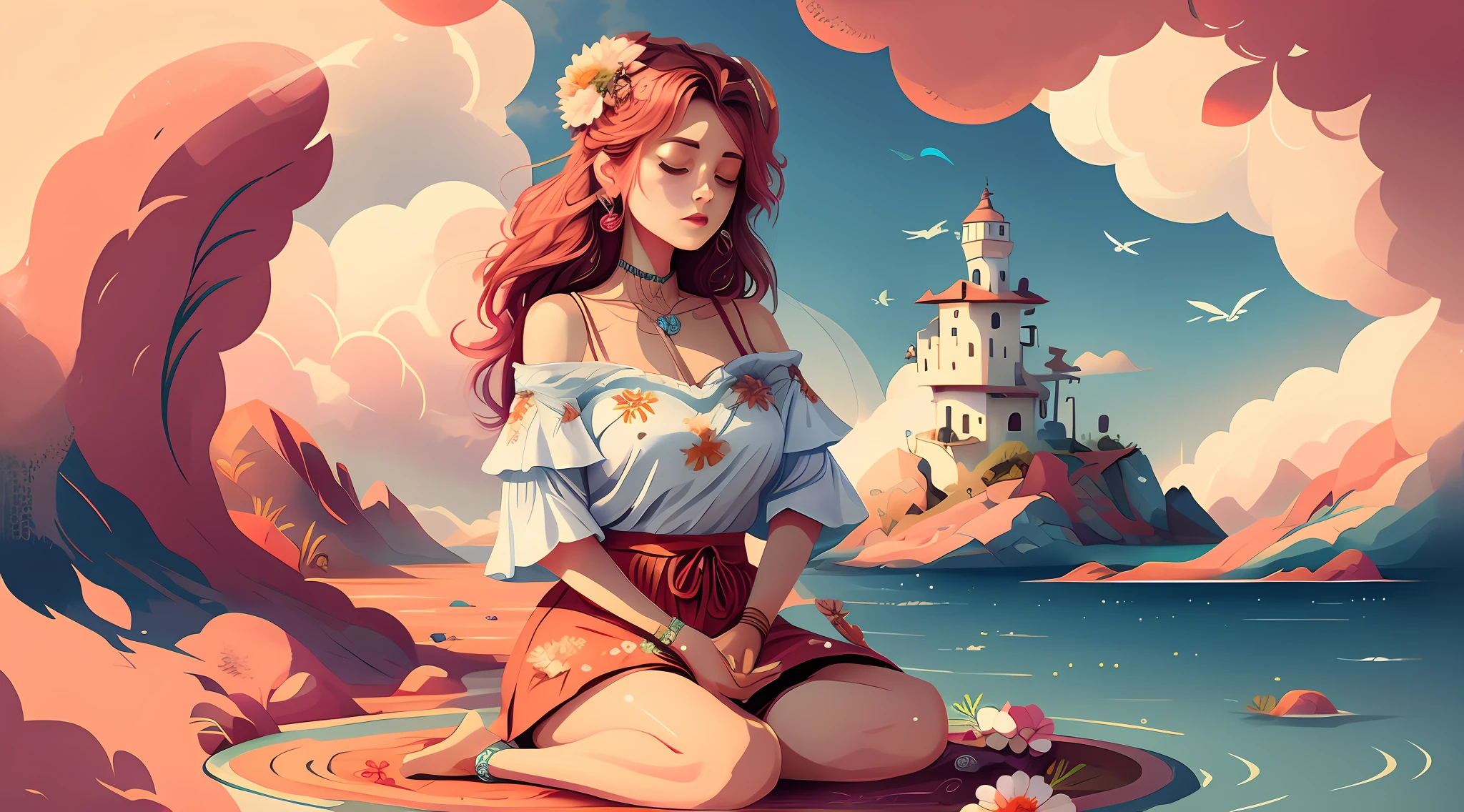 There is a woman sitting on a rock in the water, Beautiful digital illustration, a beautiful artwork illustration, stunning digital illustration, digital fantasy illustration, dreamy illustration, arte digital detalhada bonito, estilo de arte de fantasia, inspirado em Cyril Rolando, bela arte digital, Arte no estilo de Guweiz, Digital anime illustration, No estilo de Cyril Rolando, full-colour illustration