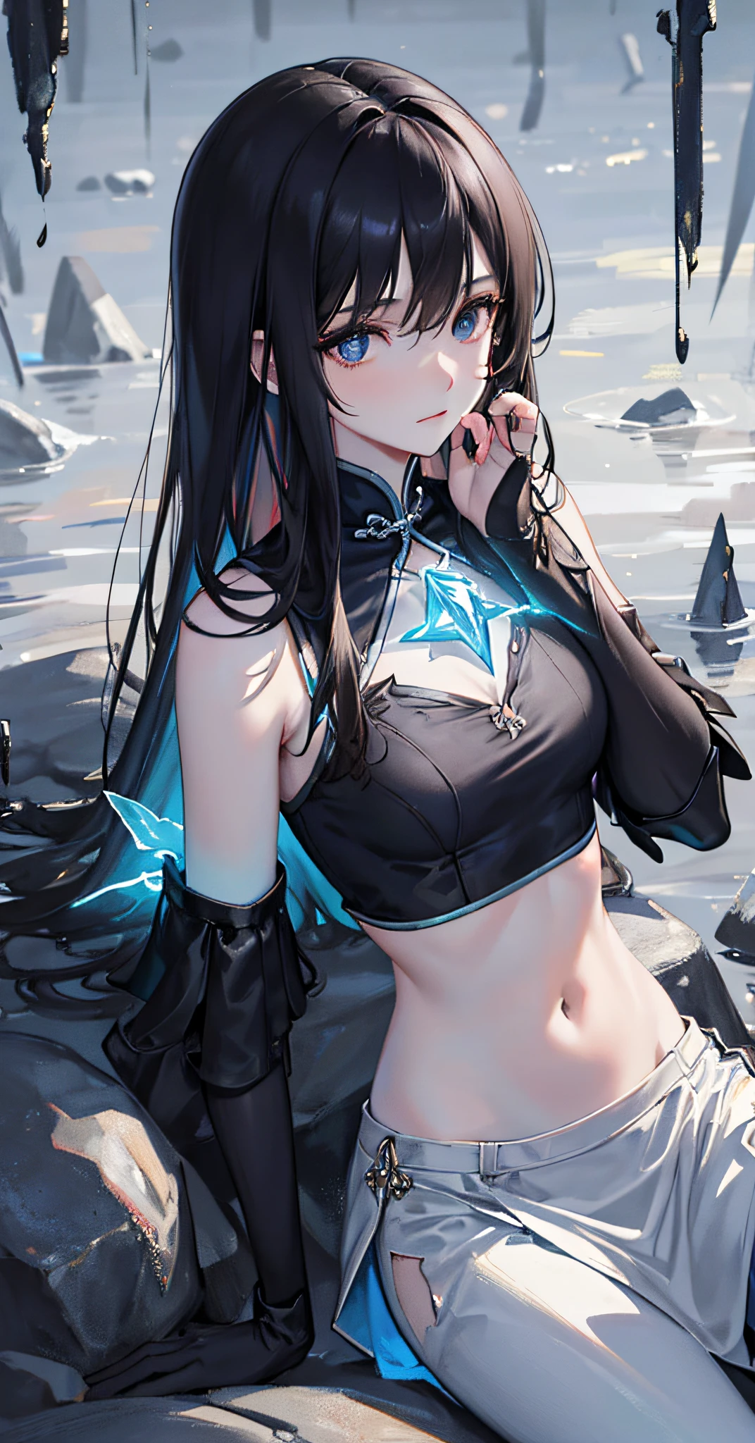 8k, complex, elegant, highly detailed, majestic, digital photography, denim lens, surrealist painting, broken glass, beating magic, winding lightning magic, (masterpiece, side light, fine beautiful eyes: 1.2), HDR, Void 5 energy lightning storm, (Chinese girl, black eyes: 1.5), pale skin, glowing skin, ( Sitting on a stone: 1.5), delicate face, black hair, wearing palatial blue armor, bare shoulders, navel, short skirt, fine blue armor, raining, beautiful, looking at the audience, facing the camera, masterpiece, upper body,
