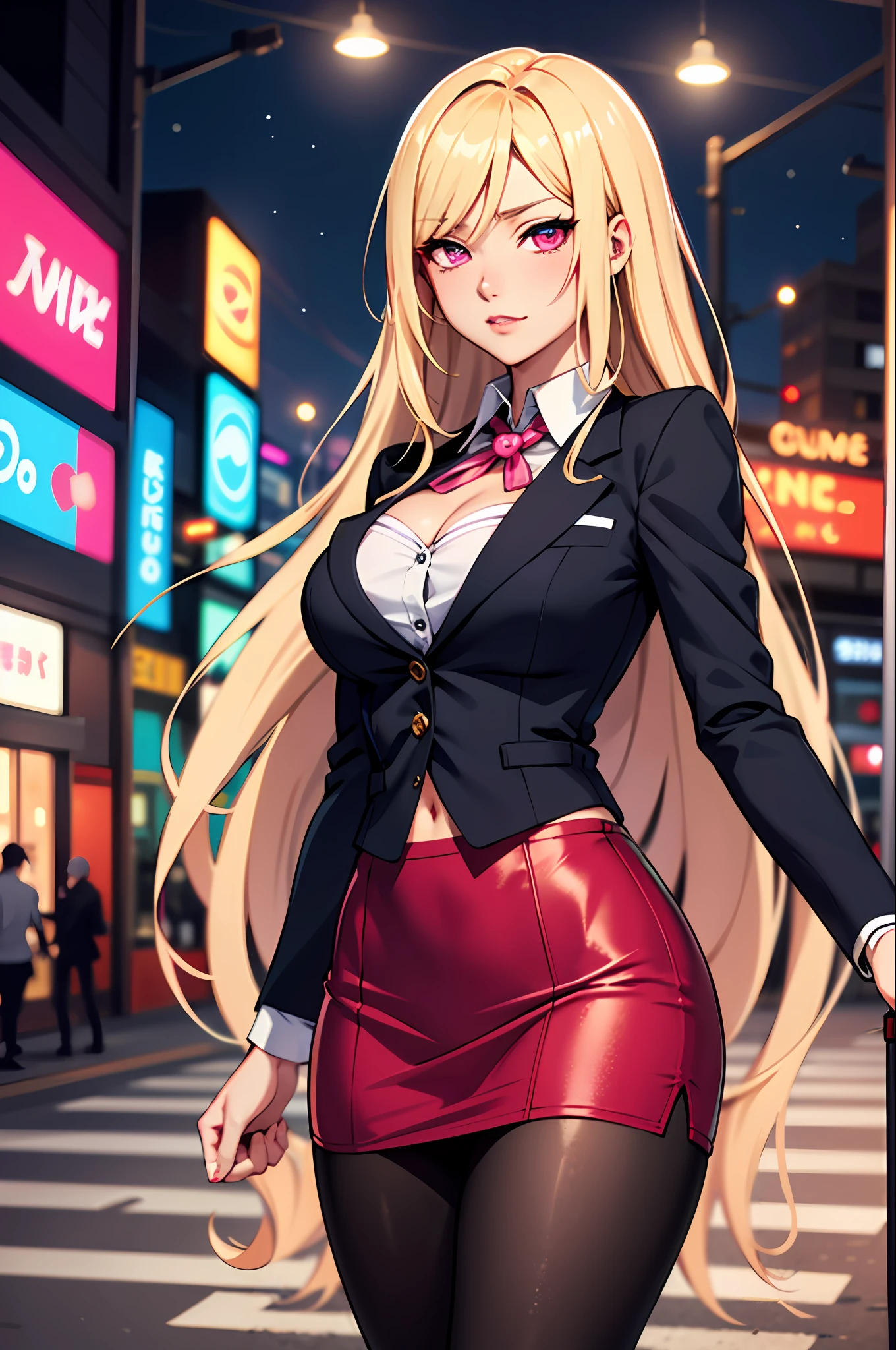 Bewitching anime busty blonde woman in blue suit and tight skirt、Pink eyes、Black tights,Inviting look、Show off your chest、Shirt and long golden hair,Ecchi anime style,Kamimei,Red Light District at Night,neons、Bokeh in the background