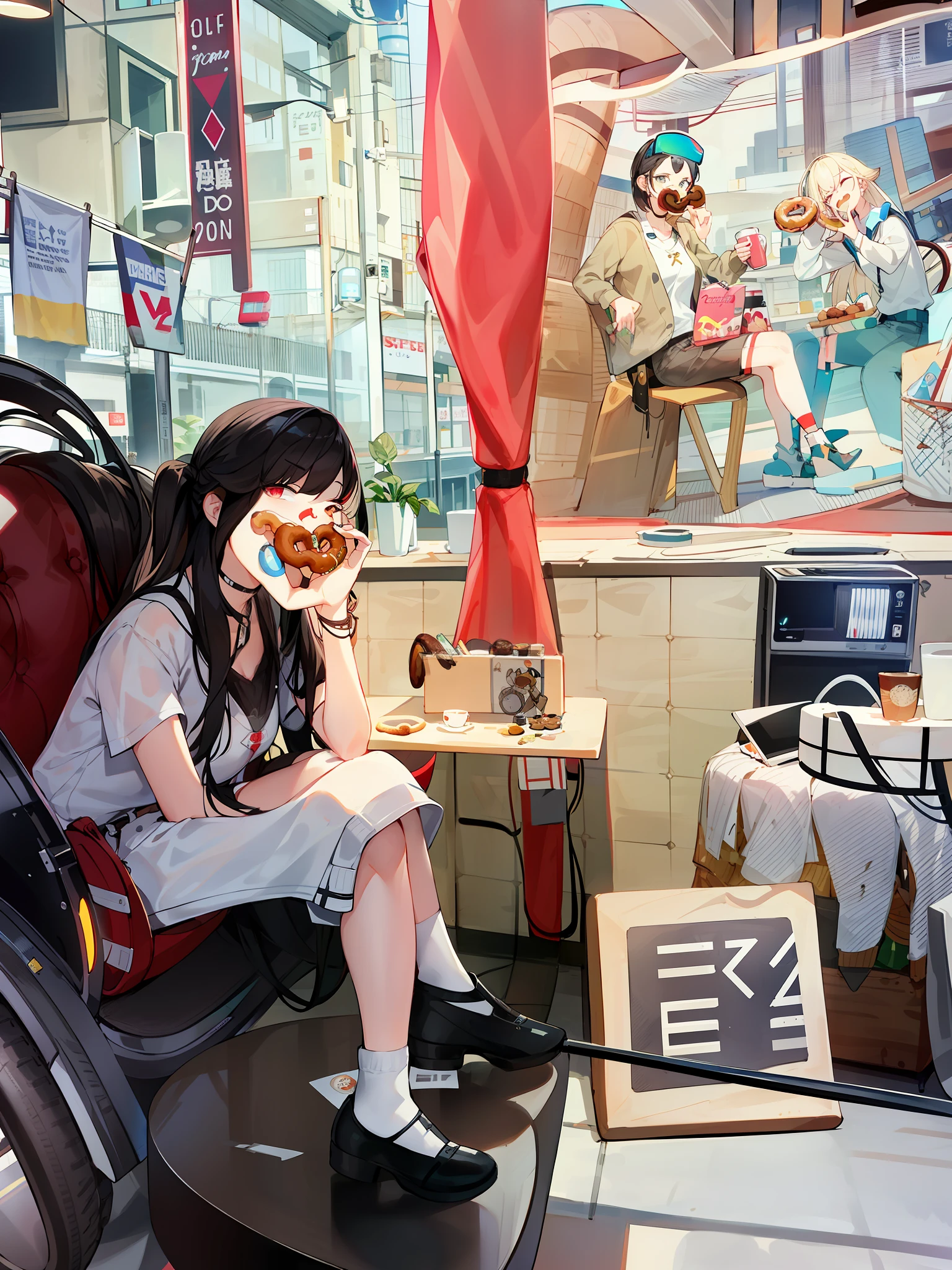 There is a woman sitting on a chair，Donuts in your mouth, old retro museum exhibition, nostalgic vibes, the robot wearing her human mask, anaglyph effect ayami kojima, 🕹️ 😎 🔫 🤖 🚬, e - girl, E-Girl, photograph taken in 2 0 2 0, mysterious coffee shop girl, virtual reality game