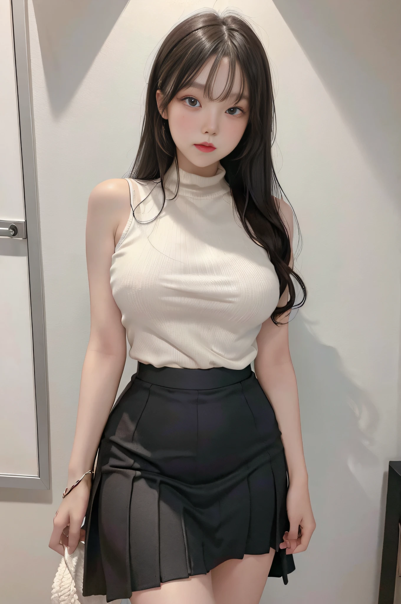 Top image quality、Raw photography、超A high resolution、16-year-old Korean、big round chest、Sleeveless、Formal Knitwear、summer knit、Formal Office Skirt、Black skirt、fair white skin、shiny white skin、elongated eyes、Beautiful eyes with random colors、beautiful eyes finely detailed、pale pink blush、long eyeslashes、beautiful double eyelid、eyeshadows、Glowing brown hair、A bracelet、Stand in front of a gray wall、Gateway to large enterprises、