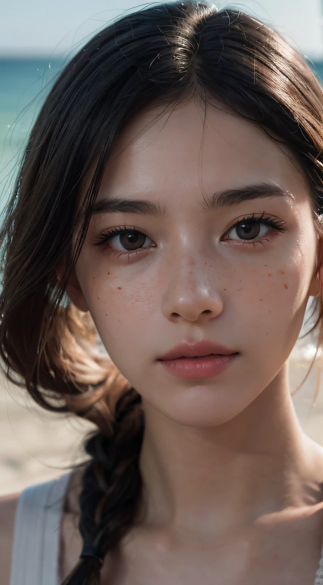 (Raw photos with a DSLR camera:1), (Best Quality), (Photorealistic), (8K high resolution:1), (Delicate skin and skin pores and goosebumps:1.2), (high quality face:1), (Detailed face), Soft light, Exposure blending, medium shot, (intriciate detail), A pair of lovers, man and woman, Airy beach, love, shame, freckles