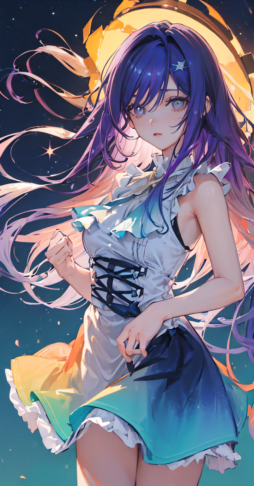 (gradient hair:1.6), dutch angle, film grain, chromatic aberration, starry sky, masterpiece, best quality, raw photo, photorealistic, absurdres, 1girl, cute, perspective, cowboy shot, highres, ultra detailed, finely detail, detailed eyes and face, sharp pupils, realistic pupils, sharp focus, summer, (white long dress:0.6)