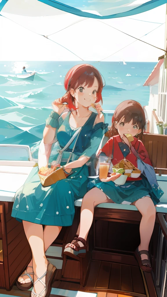 Two women sitting on the windowsill eating food, vacation photo, On the sea, with a child, On the ocean, On a boat, with ivy, delight,