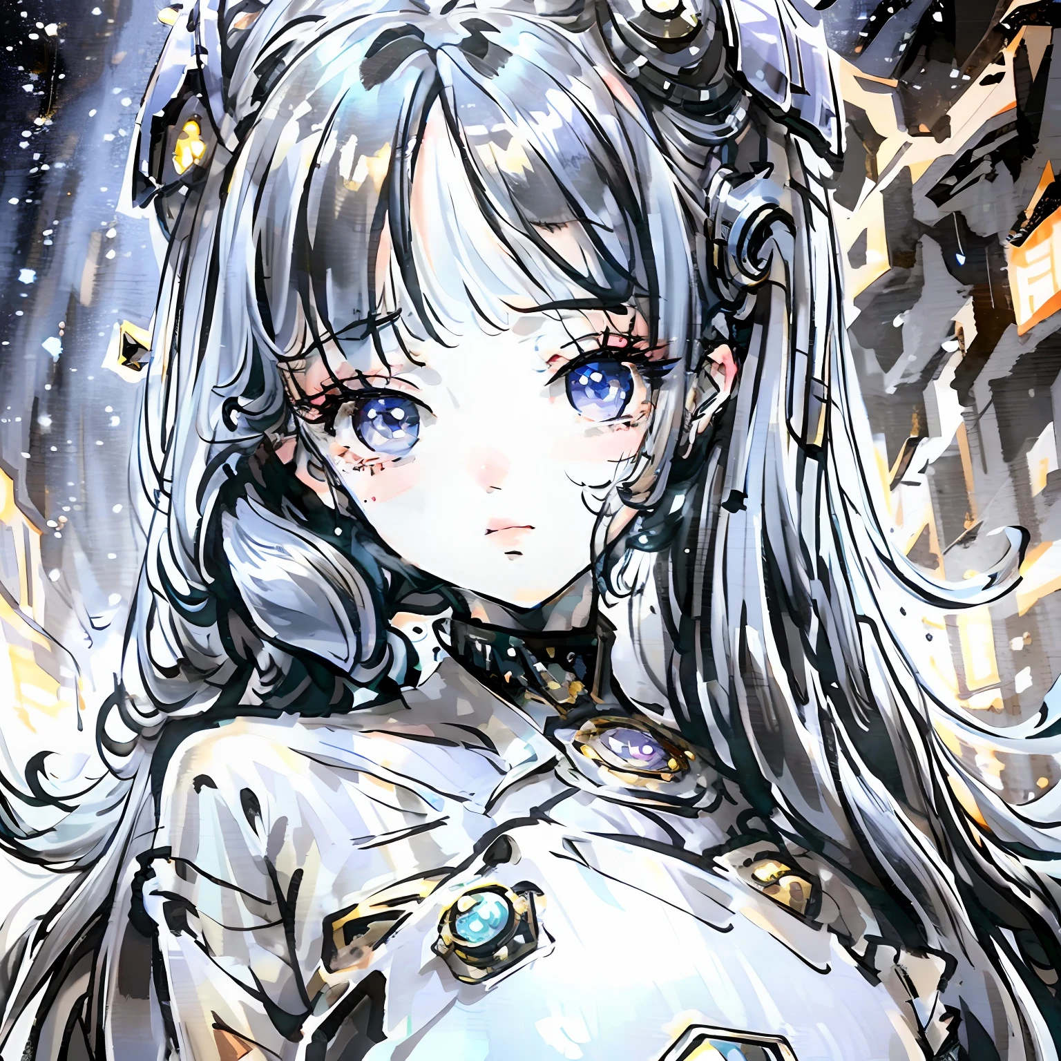 The robot is half metallic and shiny,Half of it was a girl's face in deep thought,The girl's eyes are the appearance of stars,Supernatural art,Magnificent