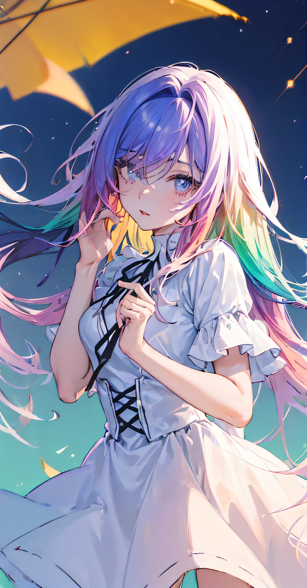 (gradient hair:1.6), dutch angle, film grain, chromatic aberration, starry sky, masterpiece, best quality, raw photo, photorealistic, absurdres, 1girl, cute, perspective, cowboy shot, highres, ultra detailed, finely detail, detailed eyes and face, sharp pupils, realistic pupils, sharp focus, summer, (white long dress:0.6)