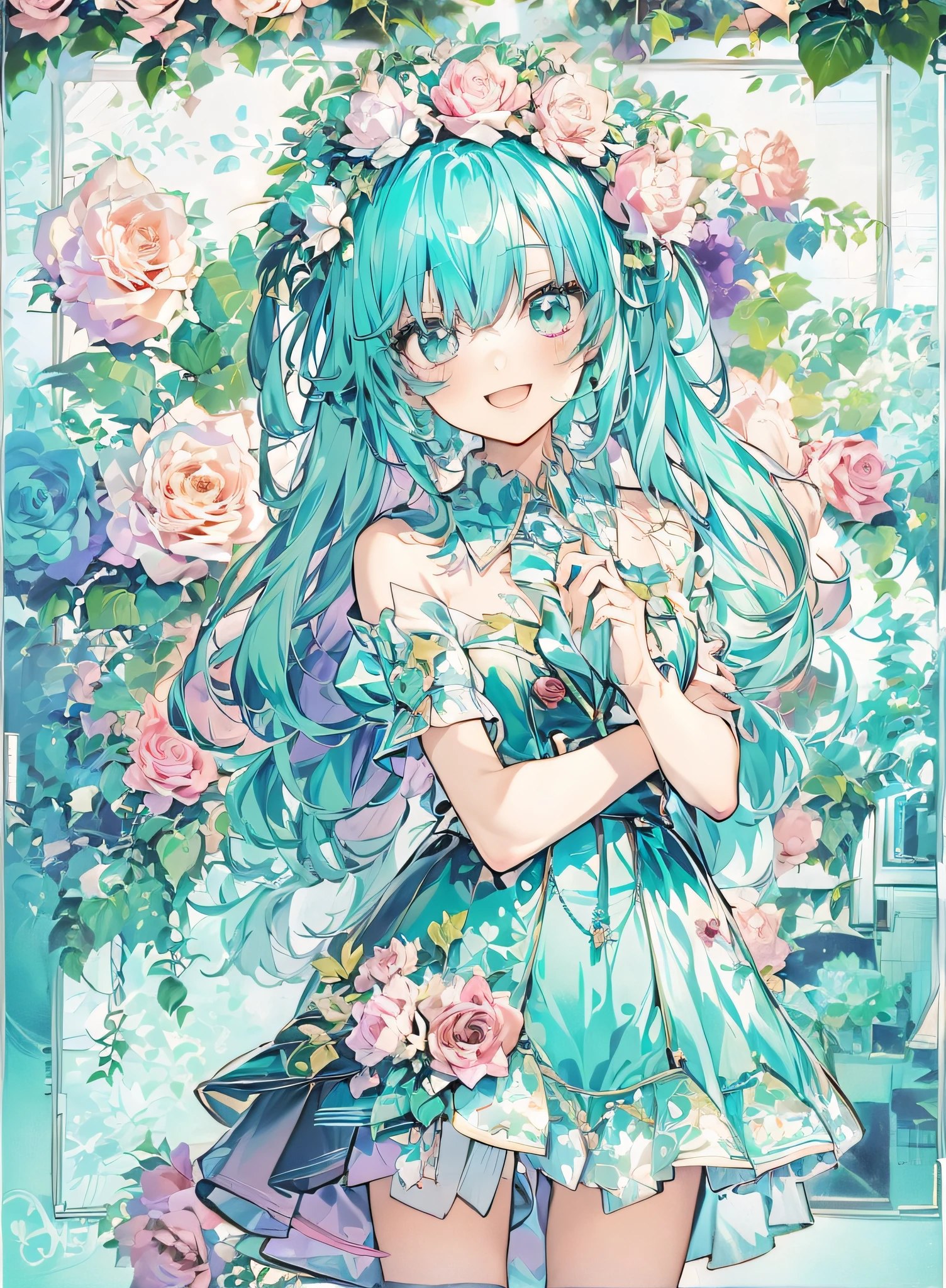 ART ofject of Picasso and Renoir, glad、Shy laughter、Gentle expression、higher detailed character facees, Konmutsuki_gacha_series1, punk_rosette, cute girl, aqua color flowers, full body, elegant flowers background