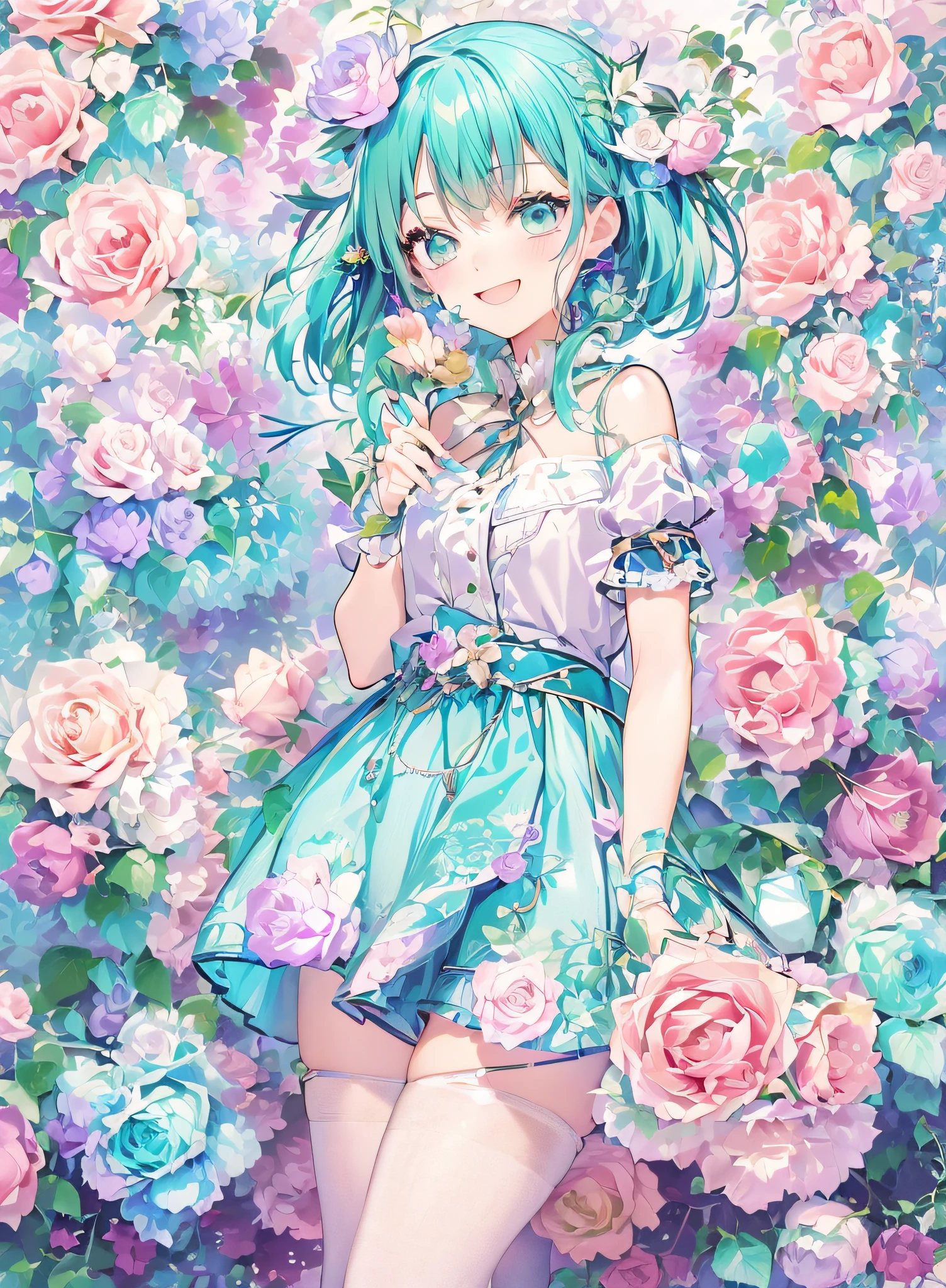 ART ofject of Picasso and Renoir, glad、Shy laughter、Gentle expression、higher detailed character facees, Konmutsuki_gacha_series1, punk_rosette, cute girl, aqua color flowers, full body, elegant flowers background