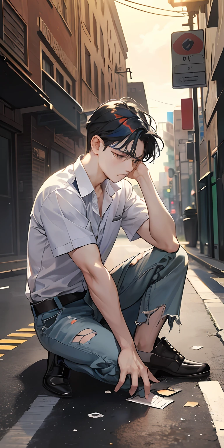 tmasterpiece,high high quality,Best quality at best,k hd,详细的脸,Detailed body,1 man,(with short black hair:1.5),whitet-shirt,(Saddened expression:1.5),(The face is sad:1.5),(sat on the ground:1.2),Looks engaged,Off the street,The weather is gloomy,(and it was raining lightly:1.2),(Torn clothes:1.4),(Shabby clothes 1.2),eventide,golden sun,((Color temperature 9000K:1.4))