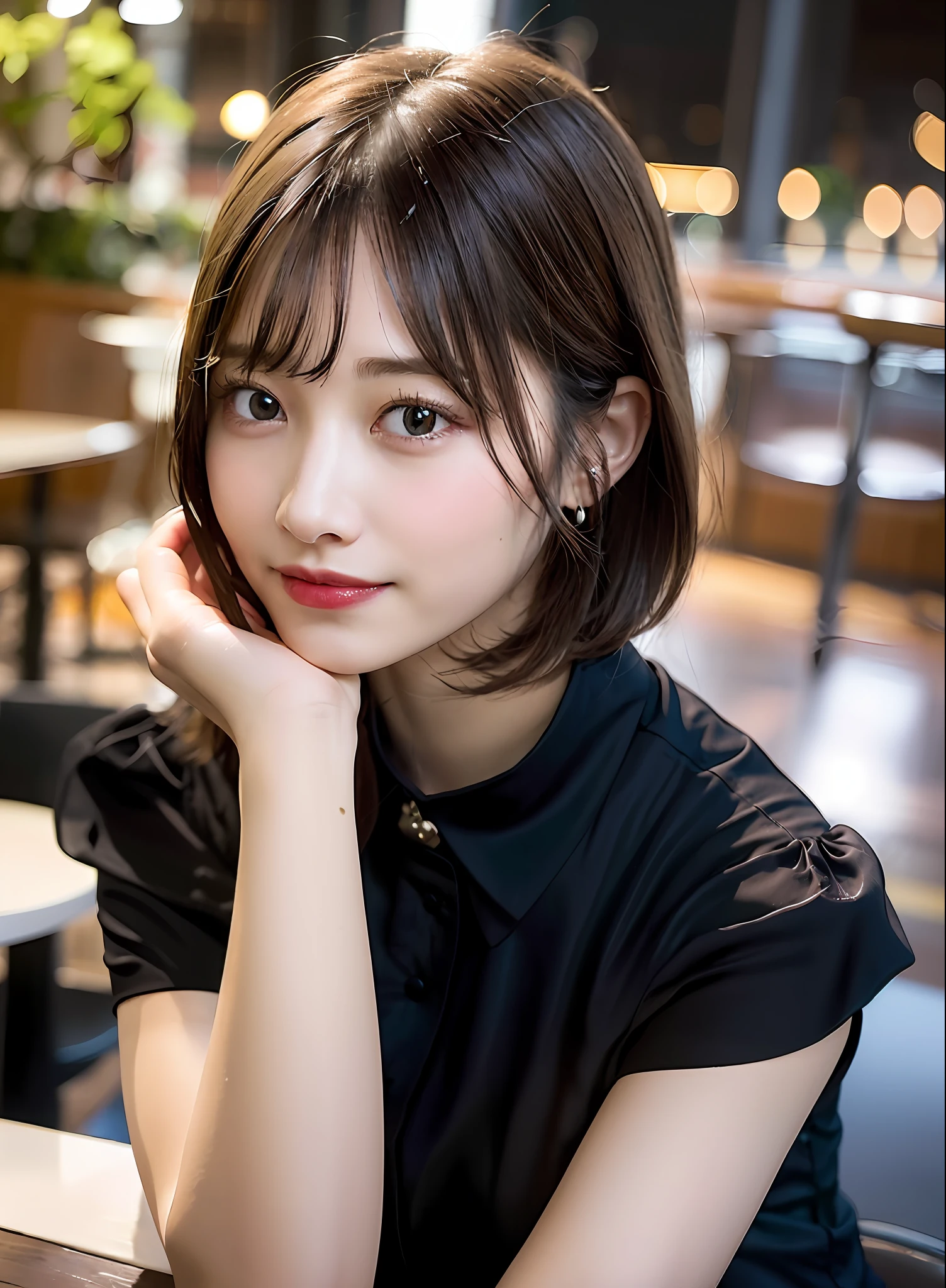 (8k, Best Quality, Masterpiece: 1.2), (Realistic, Photorealistic: 1.37), Super Detailed, 1 Girl, Cute, Alone, Beautiful Detailed Sky, Detailed Cafe, Night, Sitting, Date, ( Nose blush), (smile: 1.15), (close mouth) small breasts, beautiful details, (collared shirt: 1.1), night, wet, business wear, rain, white lace, (short hair: 1.2), floating Hair NovaFrogStyle,