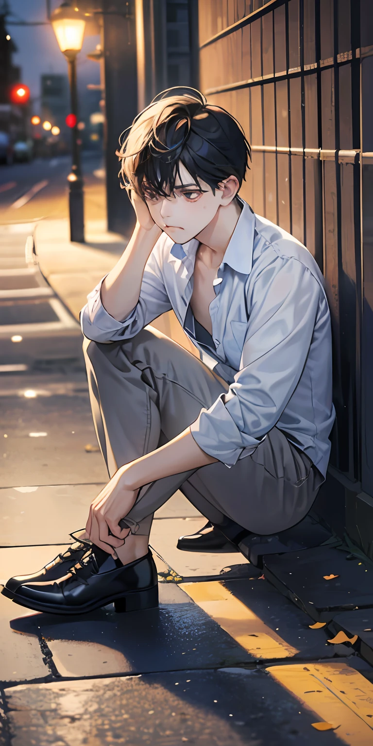 tmasterpiece,high high quality,Best quality at best,k hd,详细的脸,Detailed body,1 man,(with short black hair:1.5),whitet-shirt,(Saddened expression:1.5),(The face is sad:1.5),(sat on the ground:1.2),Looks engaged,Off the street,The weather is gloomy,(and it was raining lightly:1.2),(Torn clothes:1.4),(Shabby clothes 1.2),eventide,golden sun,((Color temperature 9000K:1.4))