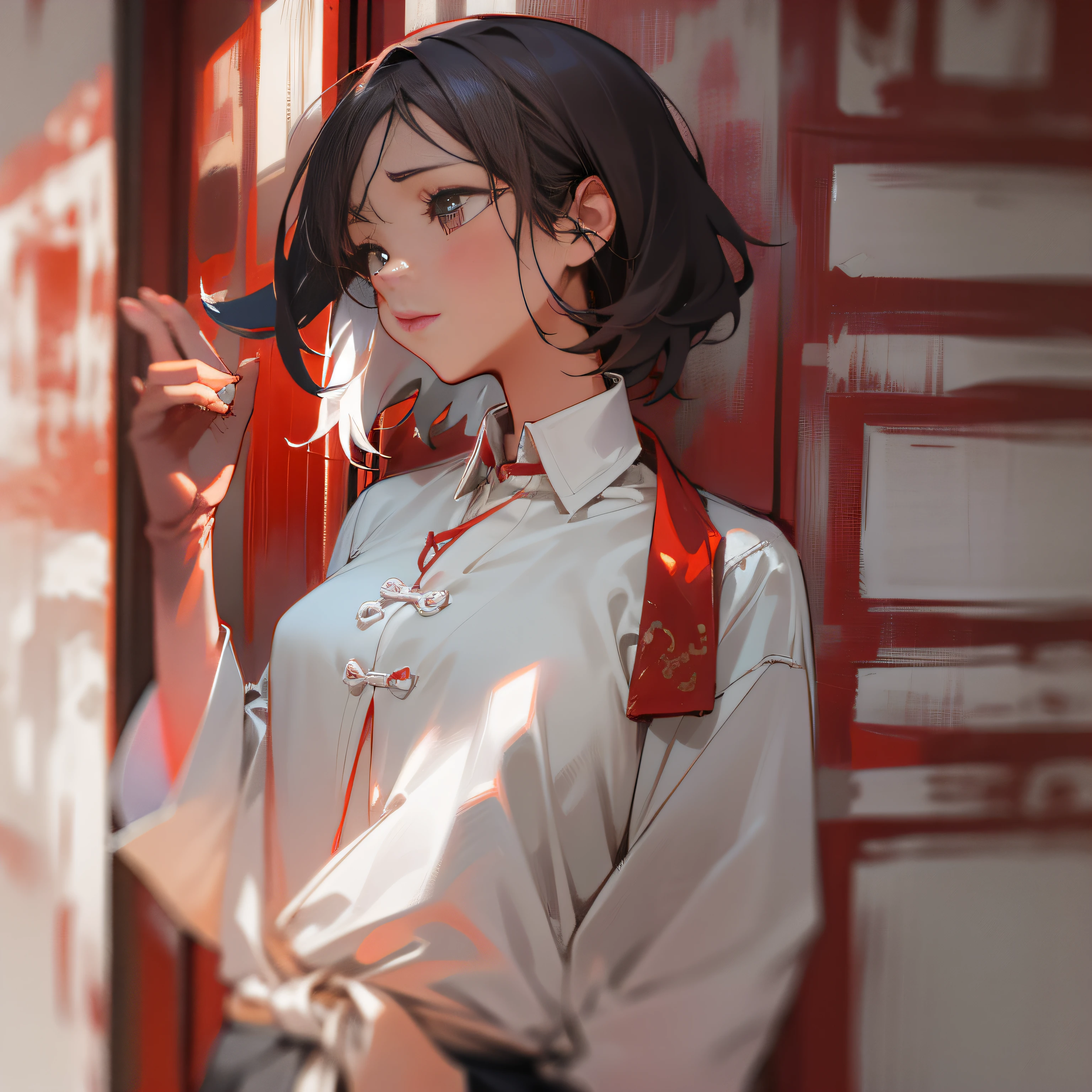 Woman leaning against red door in white shirt, fundo vermelho, Chinese girl,best qualtiy,tmasterpiece, short detailed hair, brunette color hair,Drooping eyes, The blouse is tied around the waist,White clothes,Black pants,Slim,Stroke the hair with your left hand