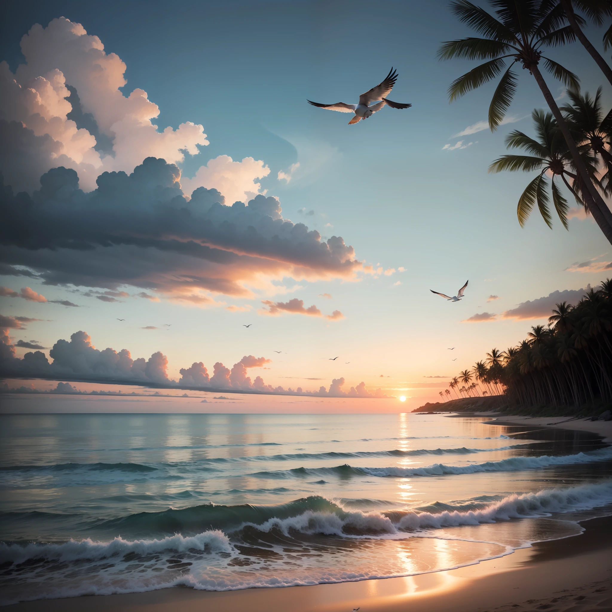 An absolutely mesmerizing sunset over the beach, with a blend of oranges, pinks, and yellows filling the sky. Crystal-clear waters of the sea gently kissing the shore, with sandy white beach stretching far and wide. The scene is dynamic and breathtaking, with seagulls soaring high in the sky and gently swaying palm trees. Take in the calming atmosphere and let the peacefulness wash over you.