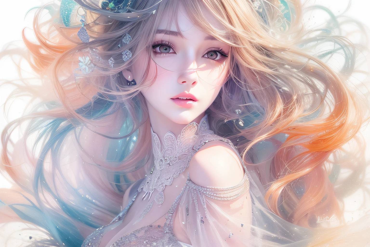 Beautiful eye details, A captivating anime girl gracefully emerges from the pages of a watercolor painting, Her vivid and complex colors are, Bring your artwork to life, (see-through transparent clothes, Transparent costume:1.5), She dons an extraordinary fantasy costume adorned with delicate details, reflecting the enchanting world she inhabits, Luminescent elements, like glowing crystals and ethereal wisps, surround her, casting a soft, otherworldly glow, The style of watercolor painting is、Imbues the image with a sense of fluidity and delicacy, as if the colors are effortlessly blending and bleeding into one another, luminescent glow　Lighting, watercolor brushstrokes, Sophisticated and very delicate anime illustration, unique colors, Portrait of an anime girl, infinite love, Irridescent color, beautiful girl illuminated by seven colors of light,