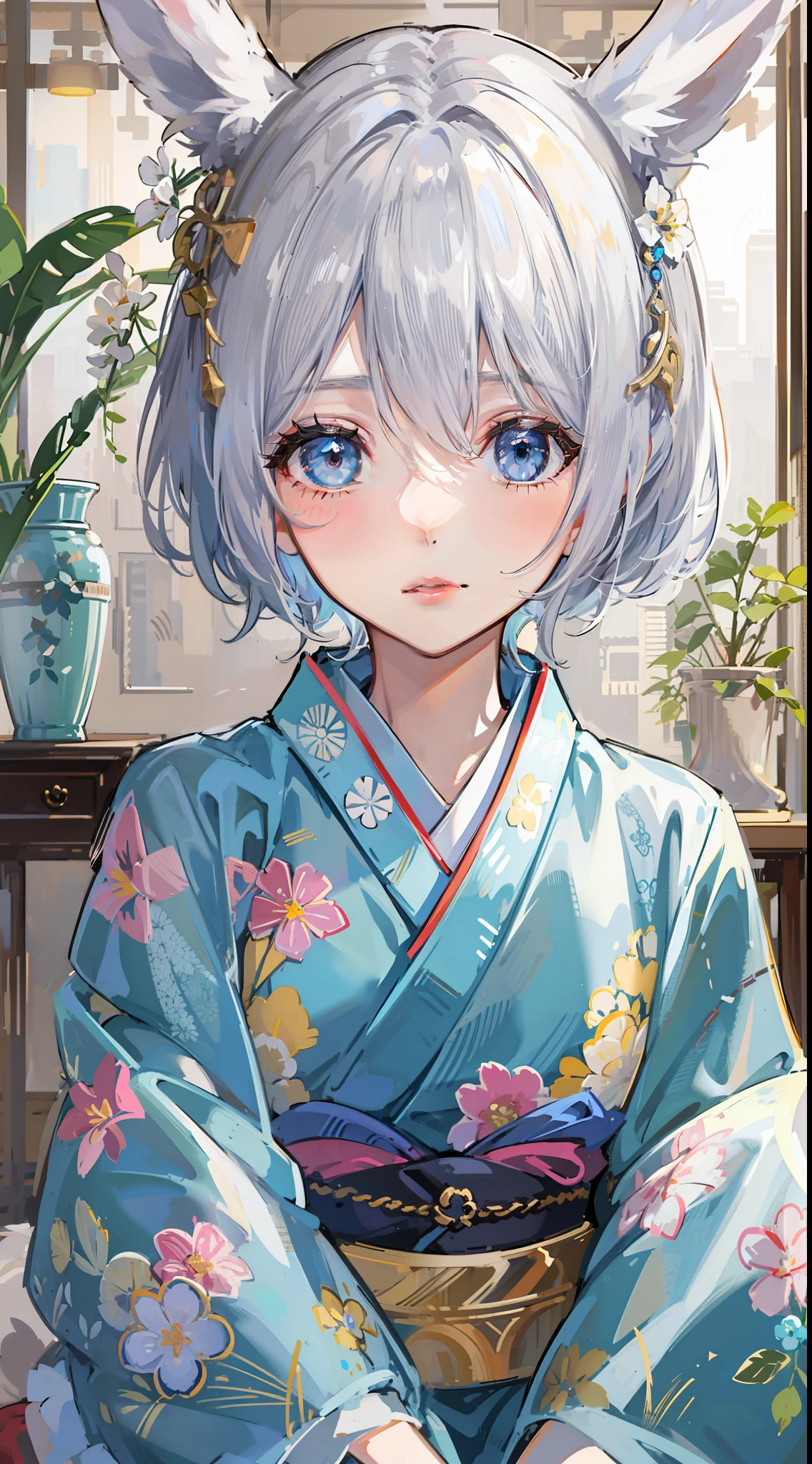 Become a woman。Female with rabbit ears。Short-haired woman with silver hair。Woman in blue kimono、I am in a Japanese-style room。I am sitting upright。It is an anime-style illustration。Beautiful with the best image quality。