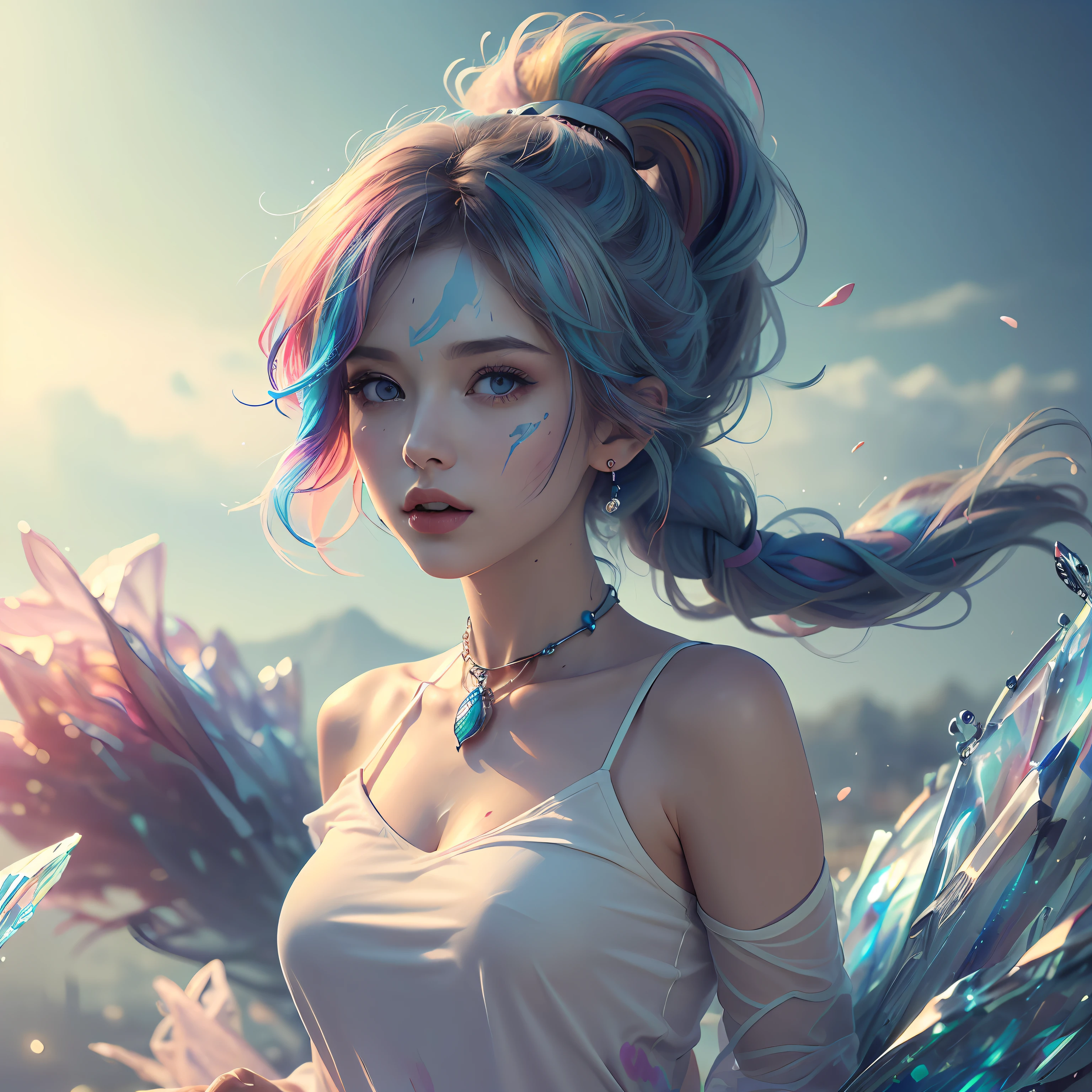 (Pink Fashion T-shirt:1.9),(Colorful hair: 1.8), (all the colours of the rainbow: 1.8),(((((vertical painting:1.6))), (painting:1.6),front, comics, illustrations, paintings, large eyes, crystal clear eyes,( rainbow color gradient high ponytail:1.7), exquisite makeup, closed mouth,(Small Fresh: 1.5),(Wipe Chest: 1.6) ,long eyelashes, white off shoulder T-shirt, White Shoulder Shirt,looking at the audience, large watery eyes, (rainbow colored hair:1.6), color splash, (solo:1.8), color splash, color explosion, thick paint style, messy lines, ((shining)),(colorful), (colorful), (colorful), colorful, Thick Paint Style, (Splash) (Color Splash), Vertical Painting, Upper Body, Paint Splash, Acrylic Pigment, Gradient, Paint, Highest Image Quality, Highest Quality, Masterpiece, Solo, Depth of Field, Face Paint, colorful clothes, (Elegant: 1.2), gorgeous,long hair, wind, (Elegant: 1.3), (Petals: 1.4),(((masterpiece))),(((best quality))),((ultra-detailed)),(illustration),(dynamic angle),((floating)),(paint),((disheveled hair)),(solo),(1girl) , (((detailed anima face))),((beautiful detailed face)),collar,bare shoulders,white hair, ((colorful hair)),((streaked hair)),beautiful detailed eyes,(Gradient color eyes),(((colorful eyes))),(((colorful background))),(((high saturation))),(((surrounded by colorful splashes))), --auto